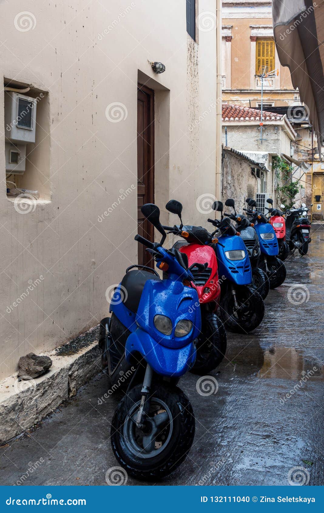 Cikes rouges et bleus pour le loyer. Vélos rouges et bleus dans l'allée humide disponible pour le loyer