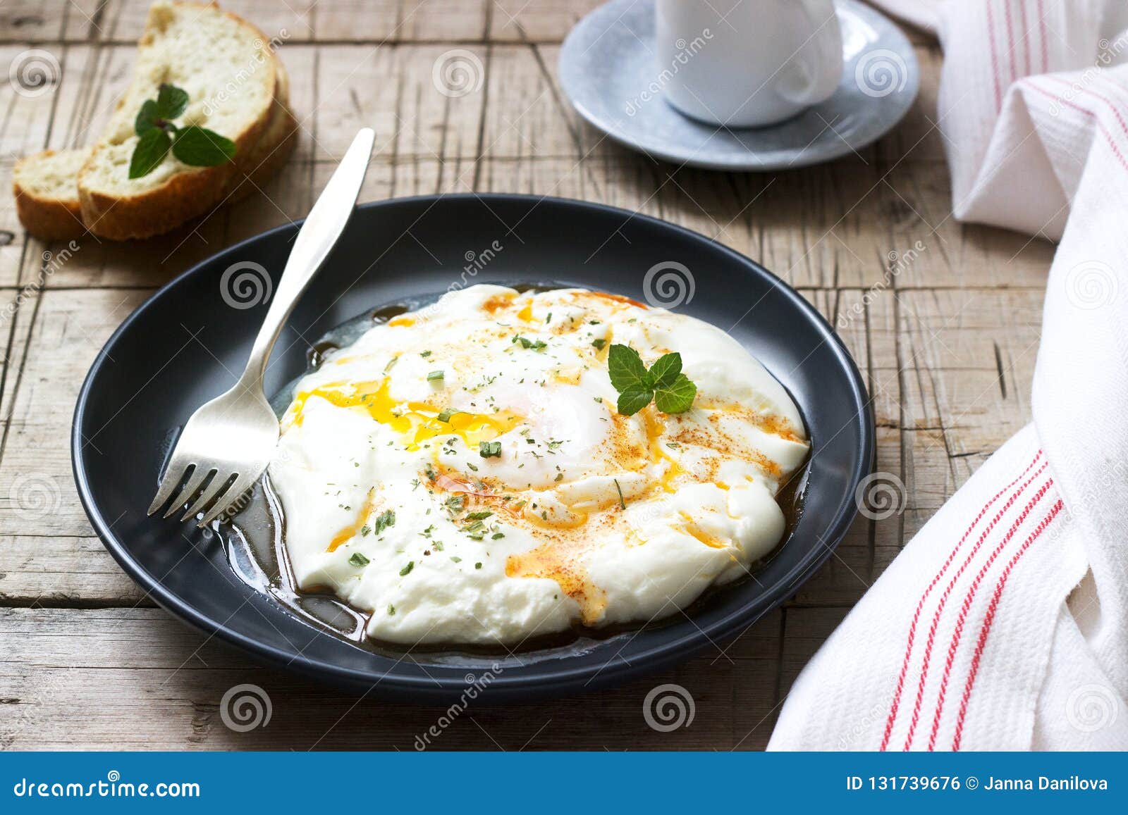 Cilbir, Poached Egg in Yogurt with Spiced Butter and Herbs, Served with Bread and a Cup of