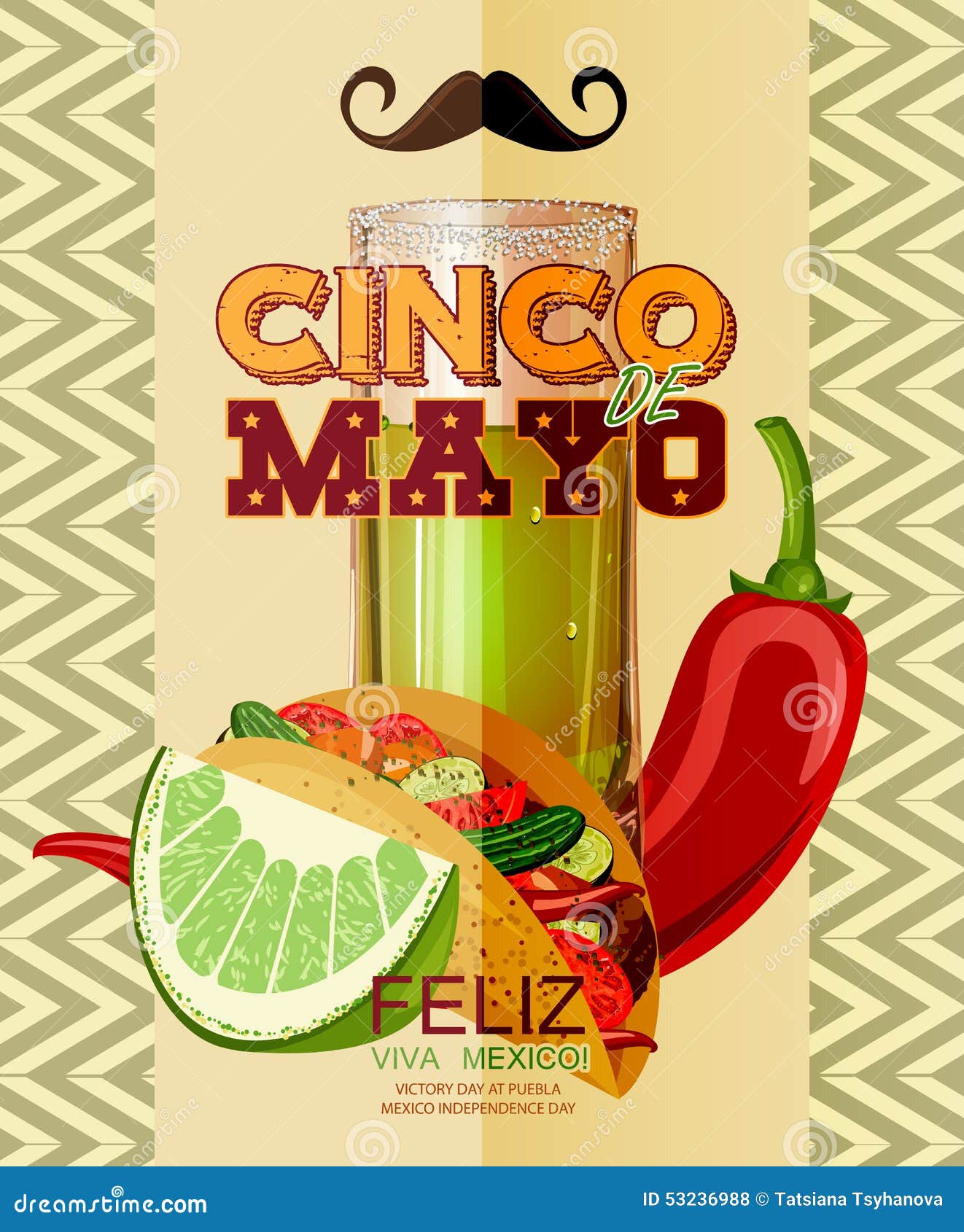 Cinco De Mayo. Poster with Tequila, Chili, Tacos Stock Vector