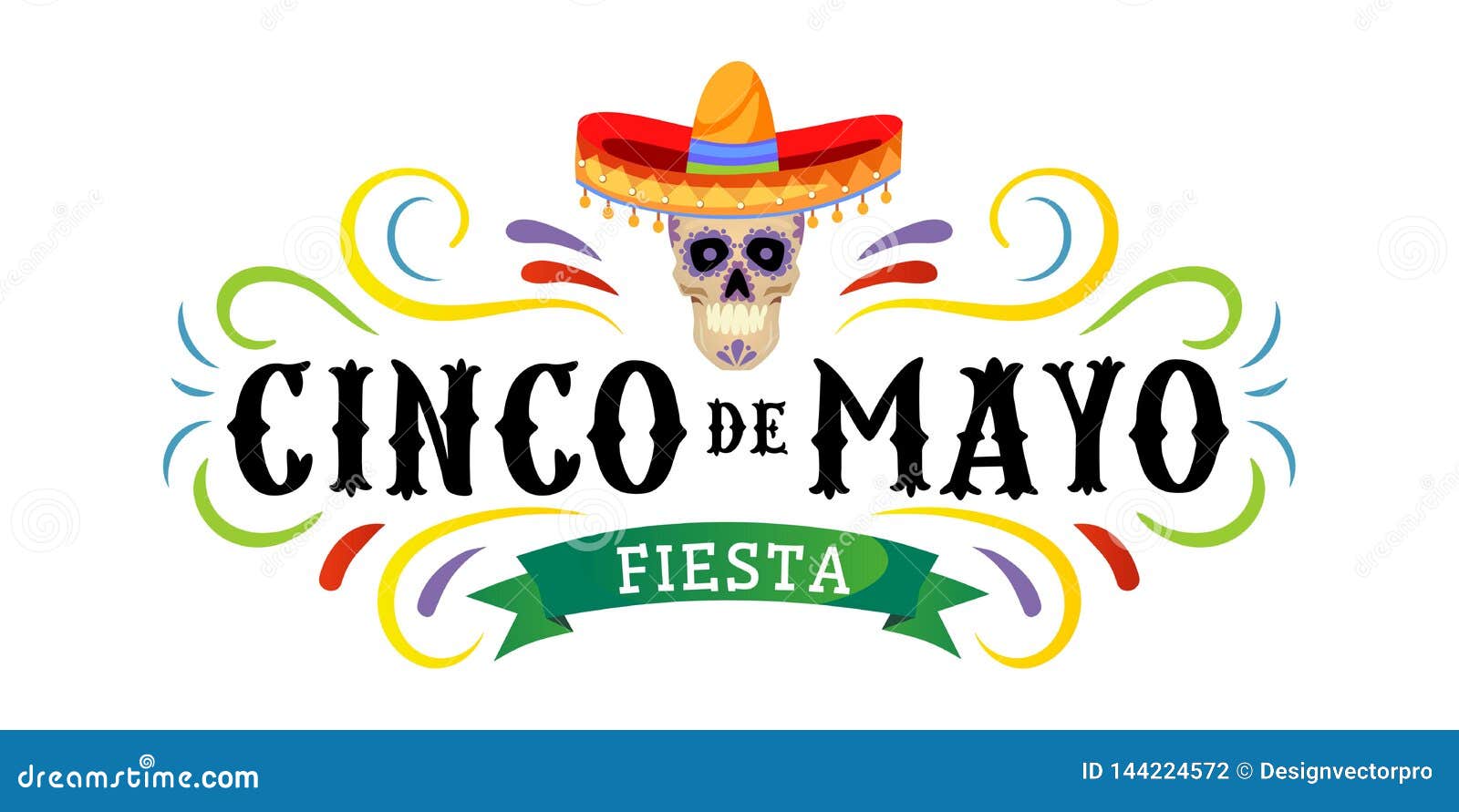 cinco de mayo  greeting card with scull, traditional mexican hat and flourish s. 5 may mexican holiday colorful