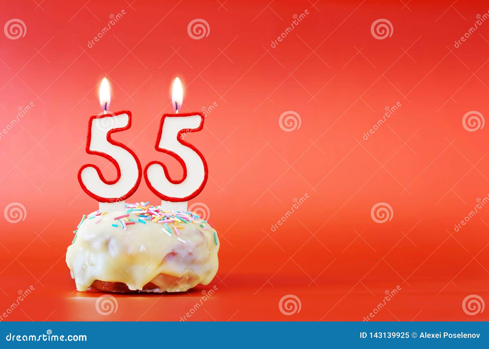 Fifty Five Years Birthday. Cupcake with White Burning Candle in the ...