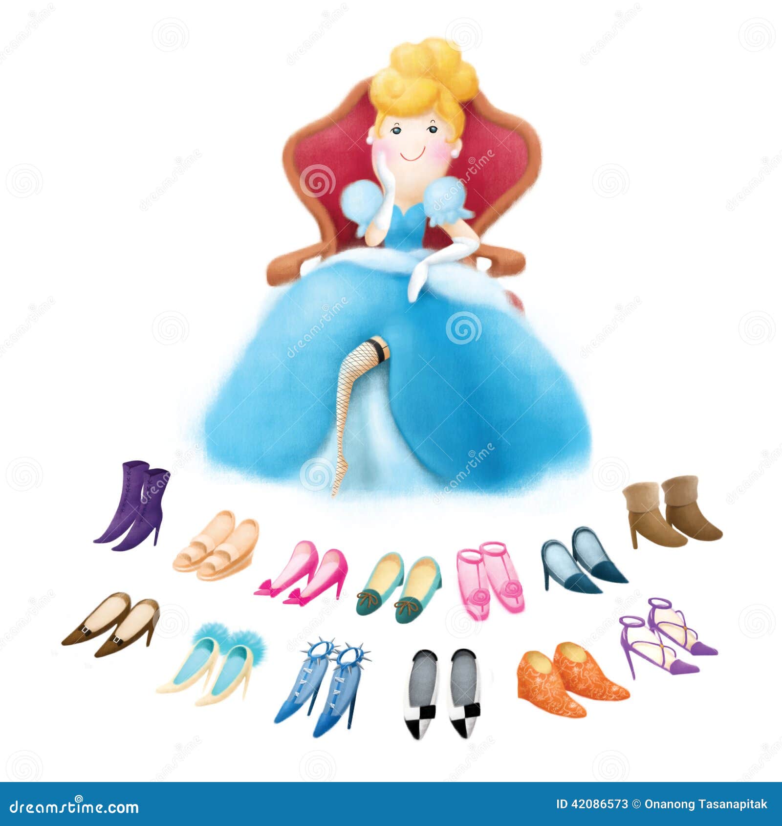 Cinderella with many shoes stock illustration. Illustration of