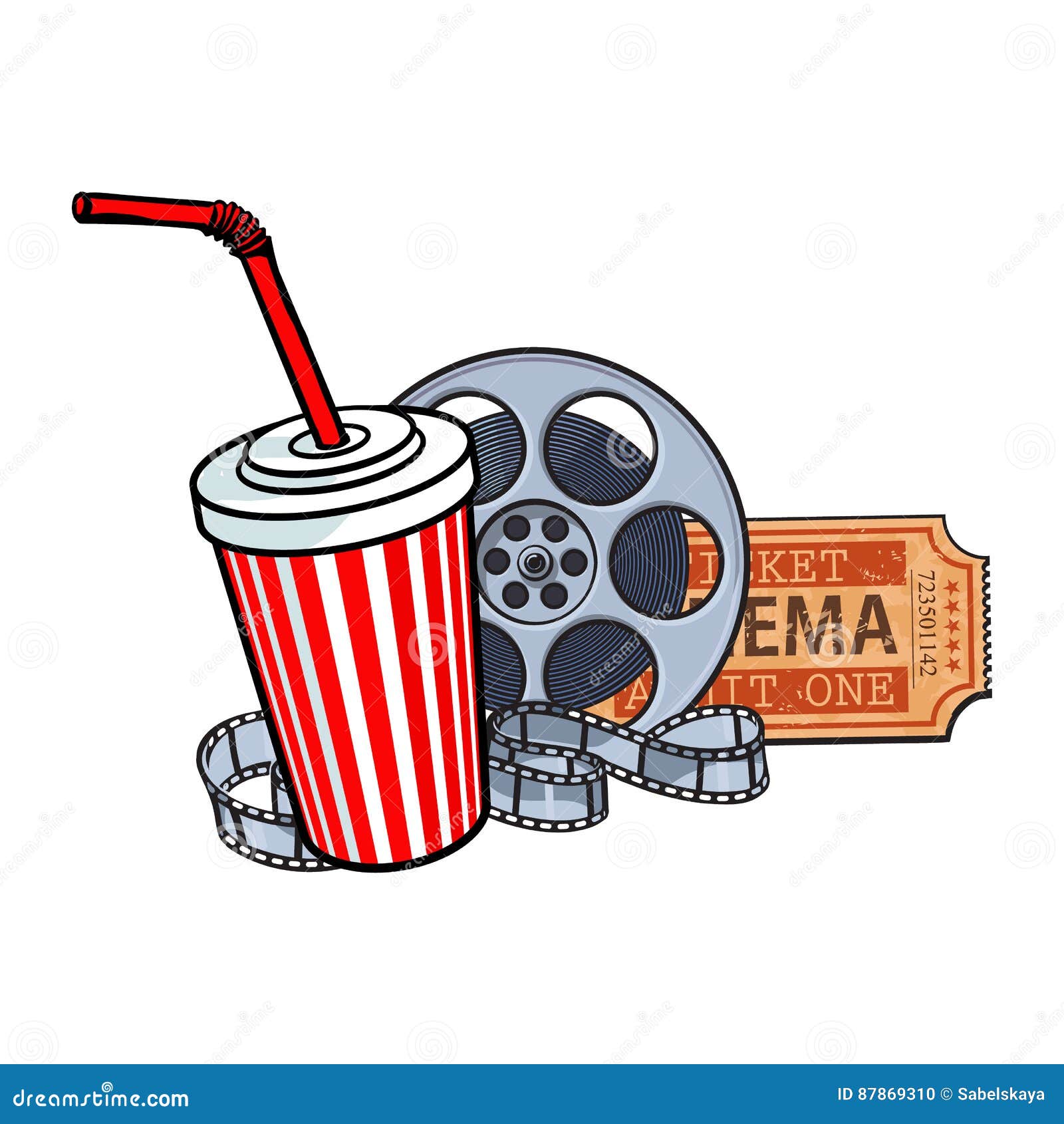 Cinema Attributes, Film Reel, Ticket, Soda Water in Paper Cup Stock Vector  - Illustration of drawing, roll: 87869310