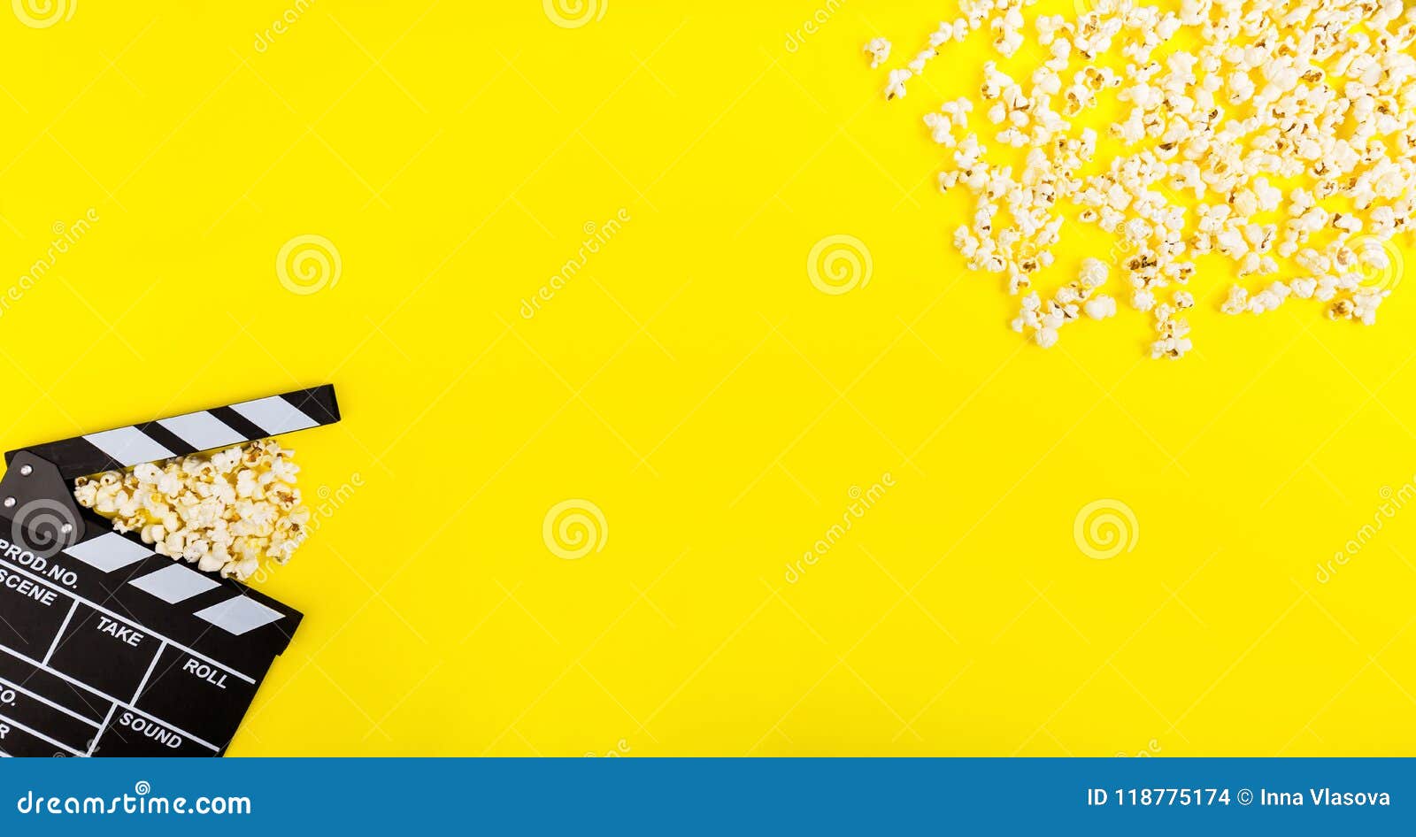 Cinema Background. Popcorn and Clapperboard on Yellow Background Stock  Photo - Image of action, leisure: 118775174