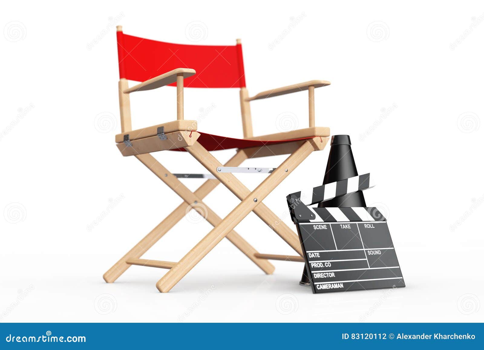 cinema industry concept. red director chair, movie clapper and m