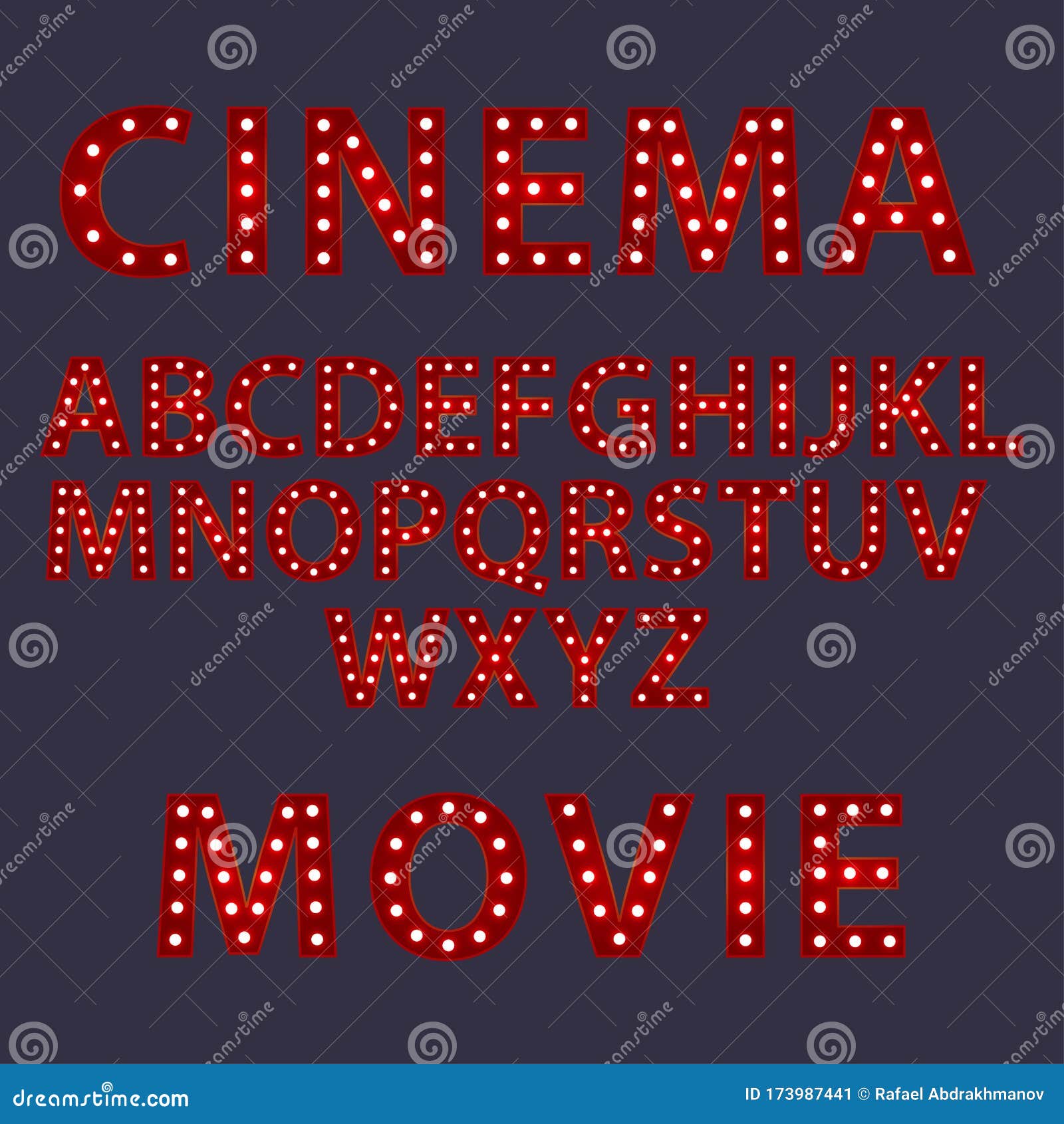 Cinema. lettere rosse con lampadine luminose luminose. progettazione di parole tipografiche vettoriali. tipo di carattere modello per il poster