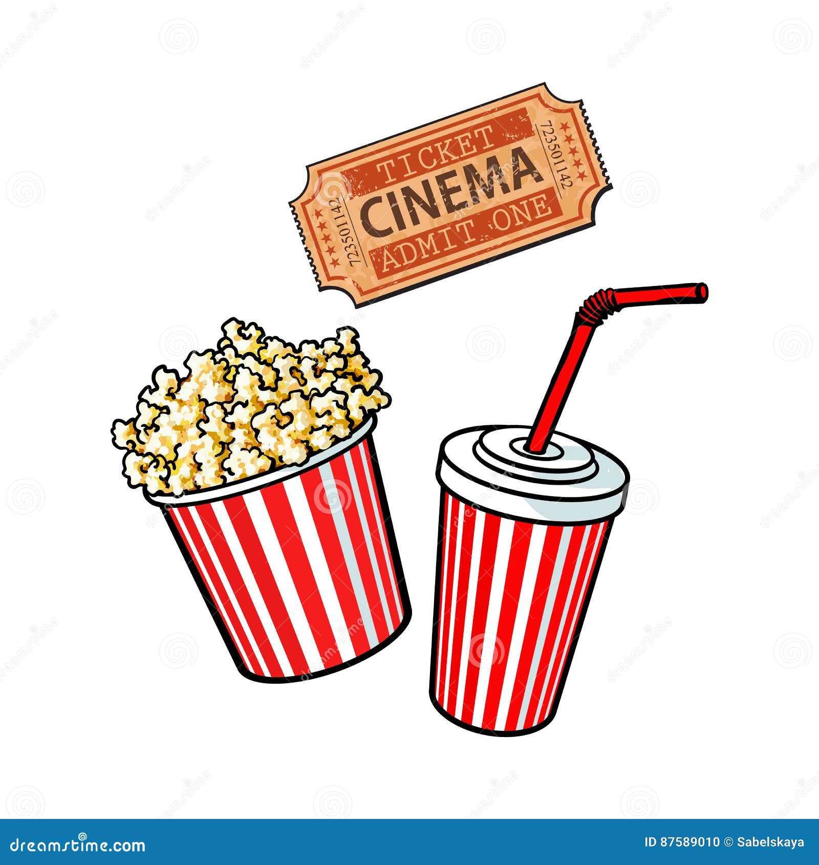 Cinema Objects Popcorn Bucket Soda Water And Retro Style Ticket Stock Vector Illustration Of Bucket Movie 87589010