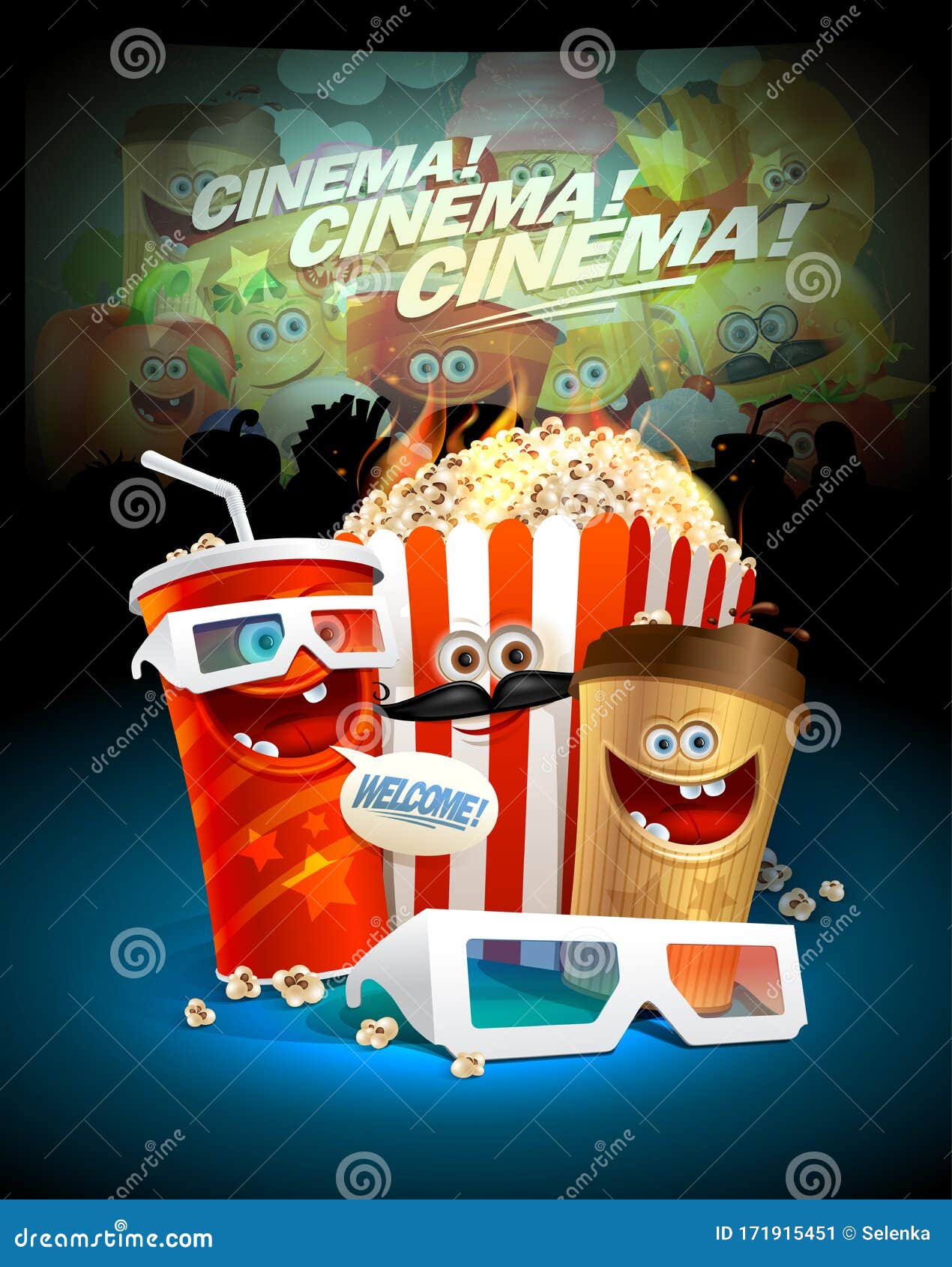 Cinema Poster Design Template with Funny Food Symbols - Popcorn Box, Soda  Drink, Coffee and 3D Glasses Stock Vector - Illustration of eating, scene:  171915451
