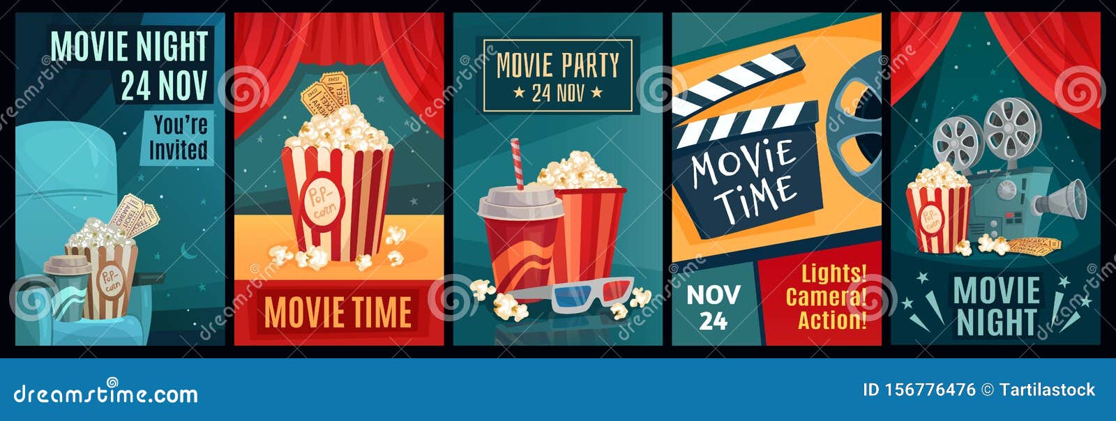 Cinema Poster. Night Film Movies, Popcorn and Retro Movie Posters Template  Vector Illustration Set Stock Vector - Illustration of horizontal, screen:  156776476