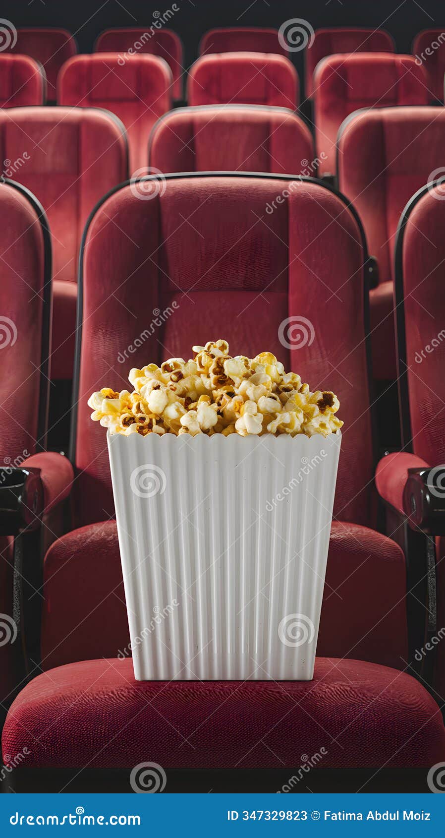cinema with red plush seats, popcorn container creating cozy, anticipatory atmosphere
