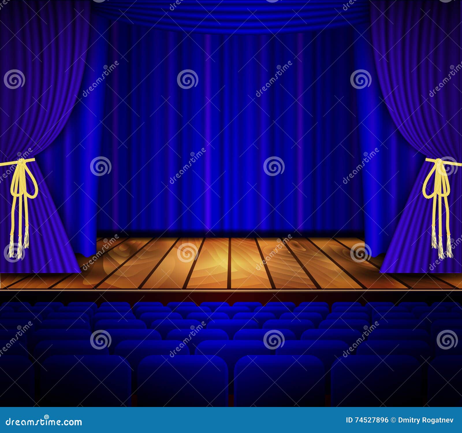 Open Theater Stage Blue Curtain Spotlight Stock Illustrations 