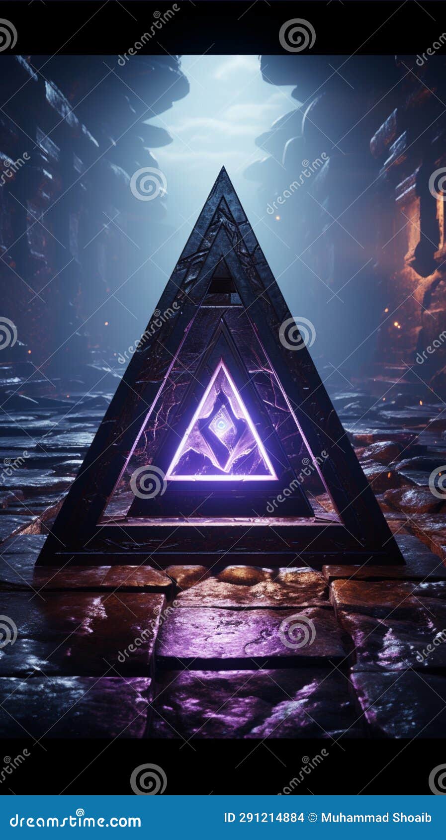 cinematic mystical emblem cyan valknut extrudes from flat purple environment