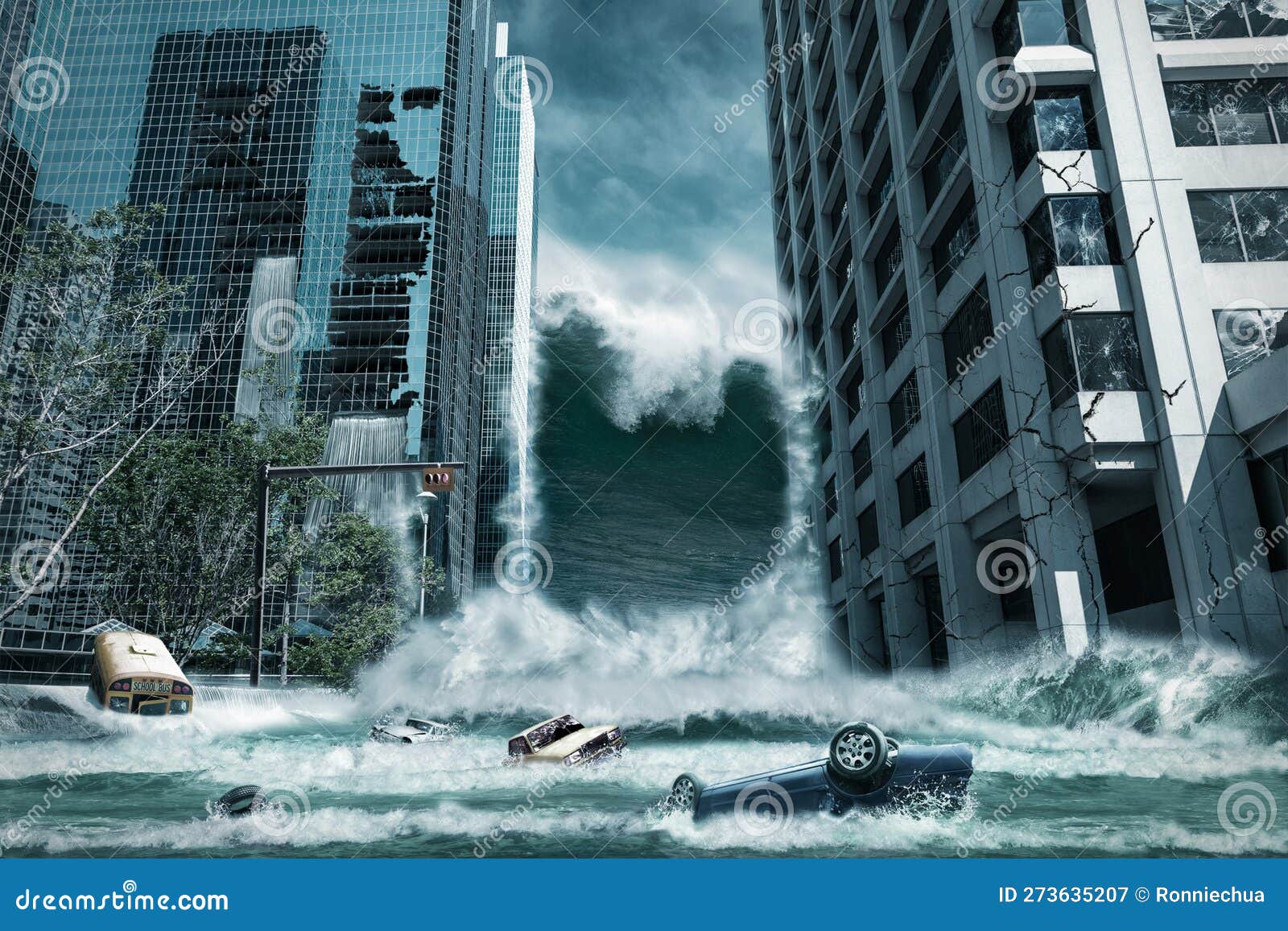 cinematic portrayal of a city destroyed by tsunami waves in a disaster. matte painting technique.