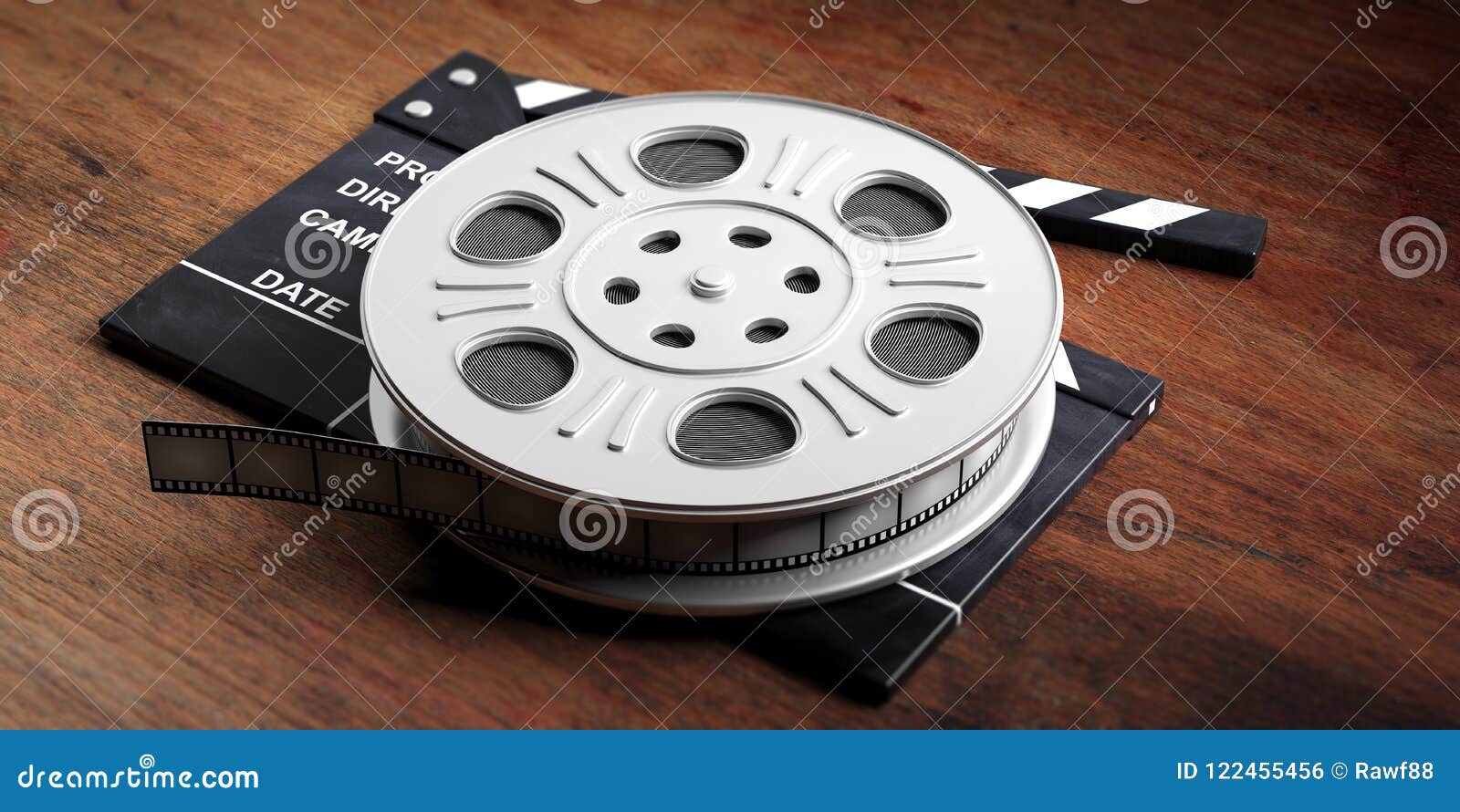 Film Movie Reel, on a Movie Clapper and a Wooden Background, 3d