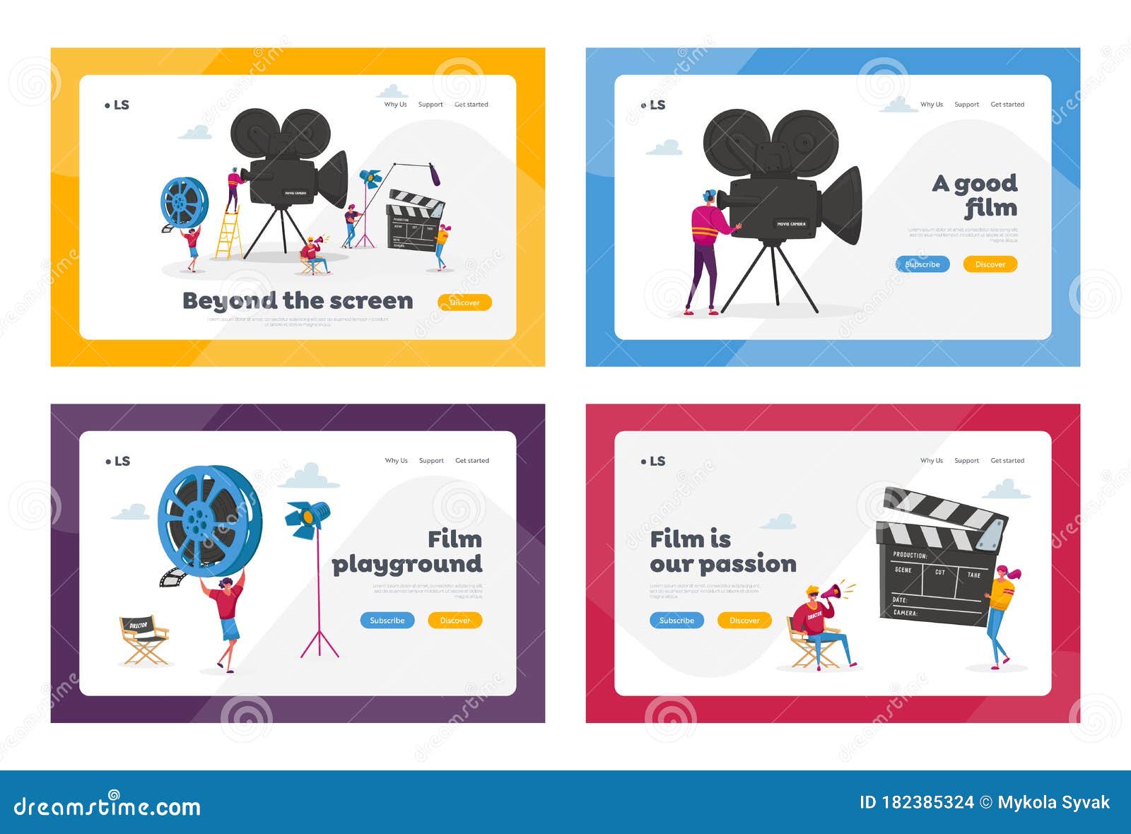 cinematography industry landing page template set. tiny people characters making movie. operator using camera