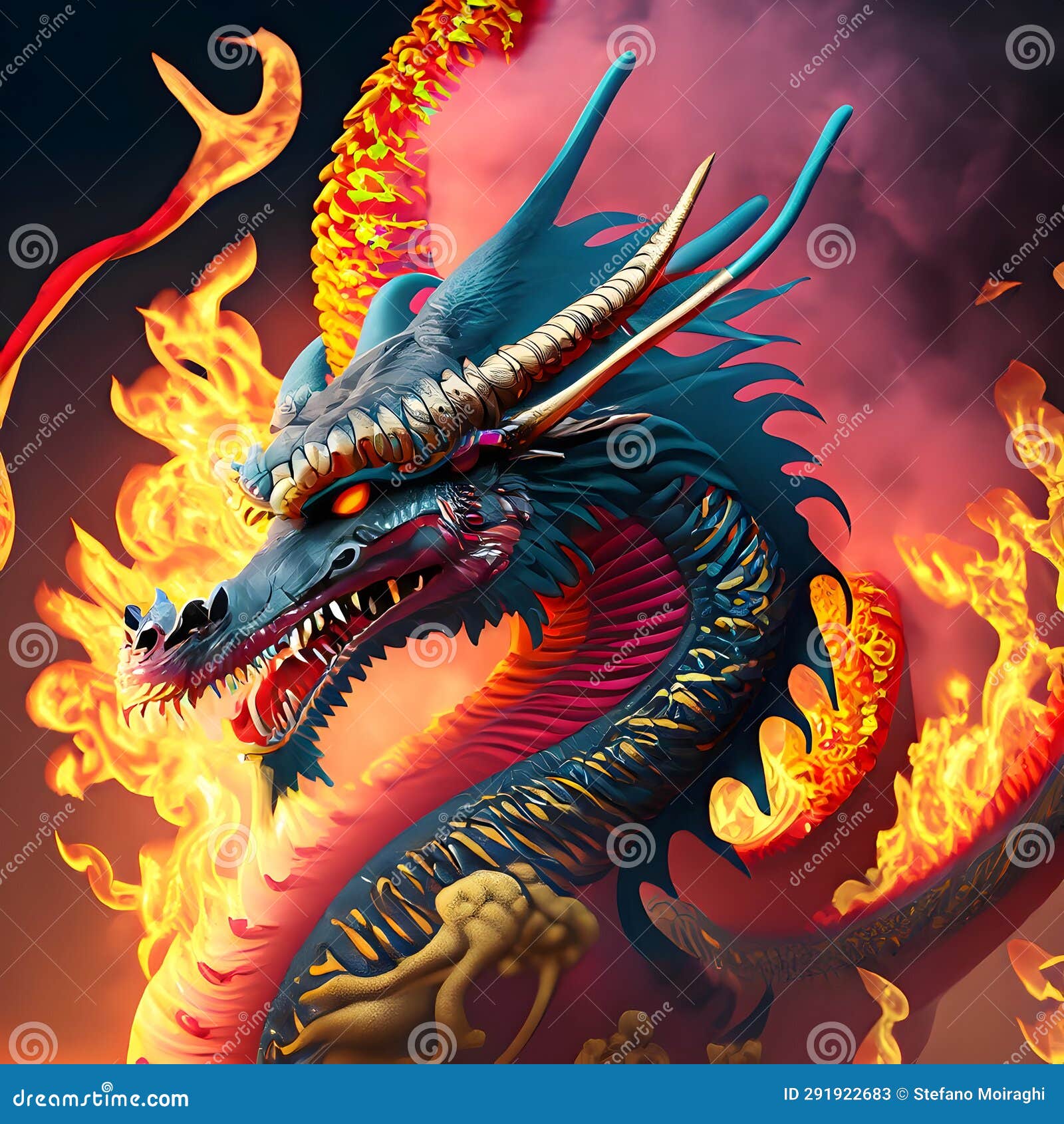 cinese dragon head on fire