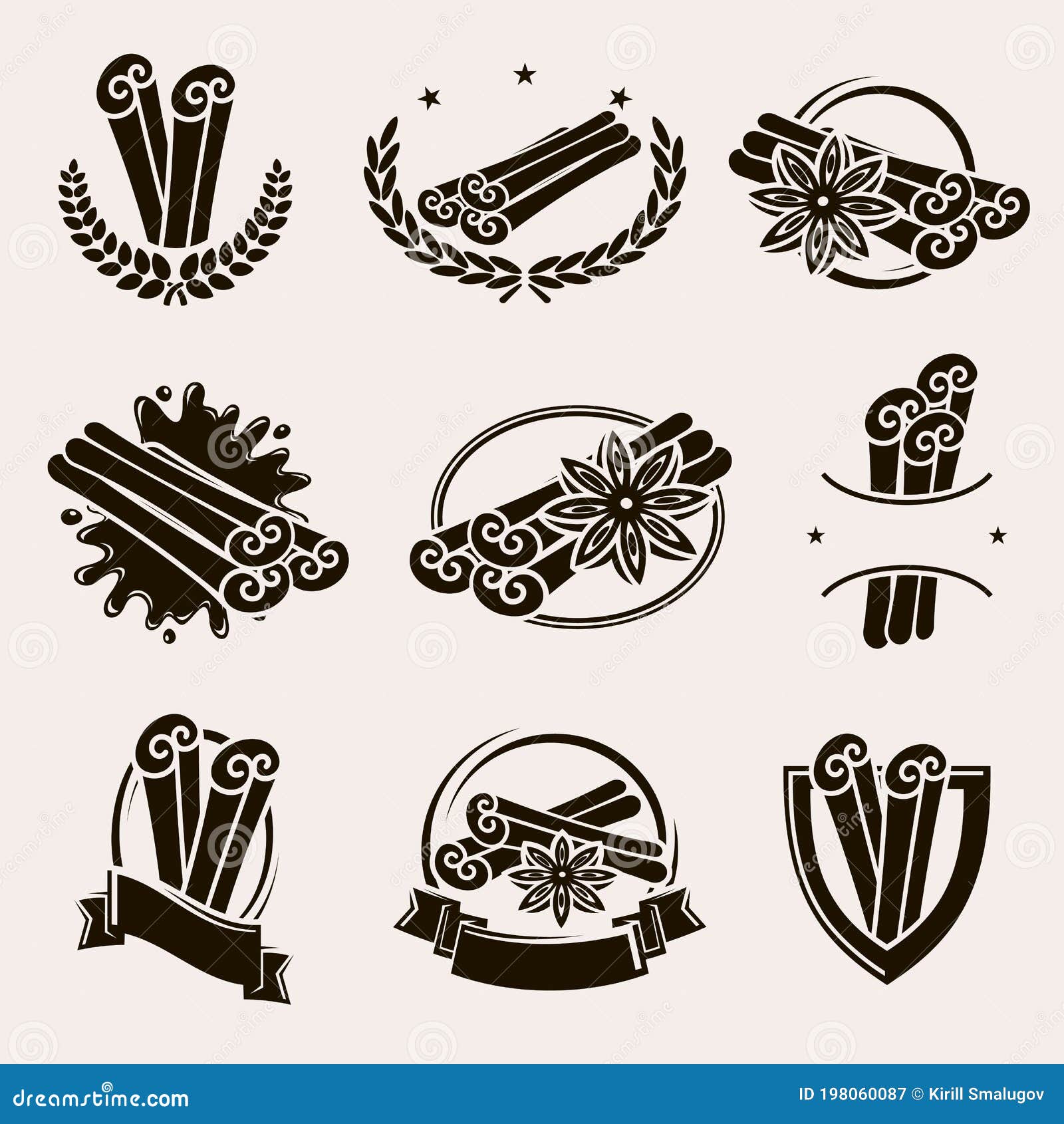 Cinnamon Labels and Elements Set. Collection Icon Cinnamon Stock Vector