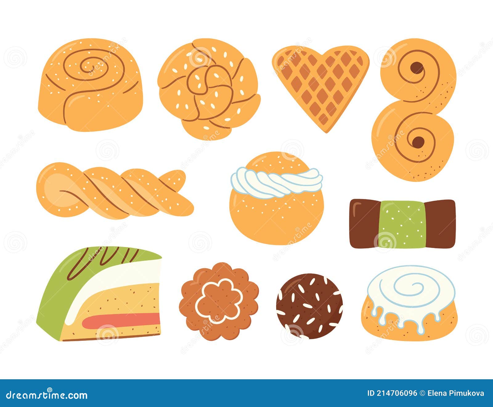 cinnamon rolls with sugar. set of swirl buns. hand drawn   