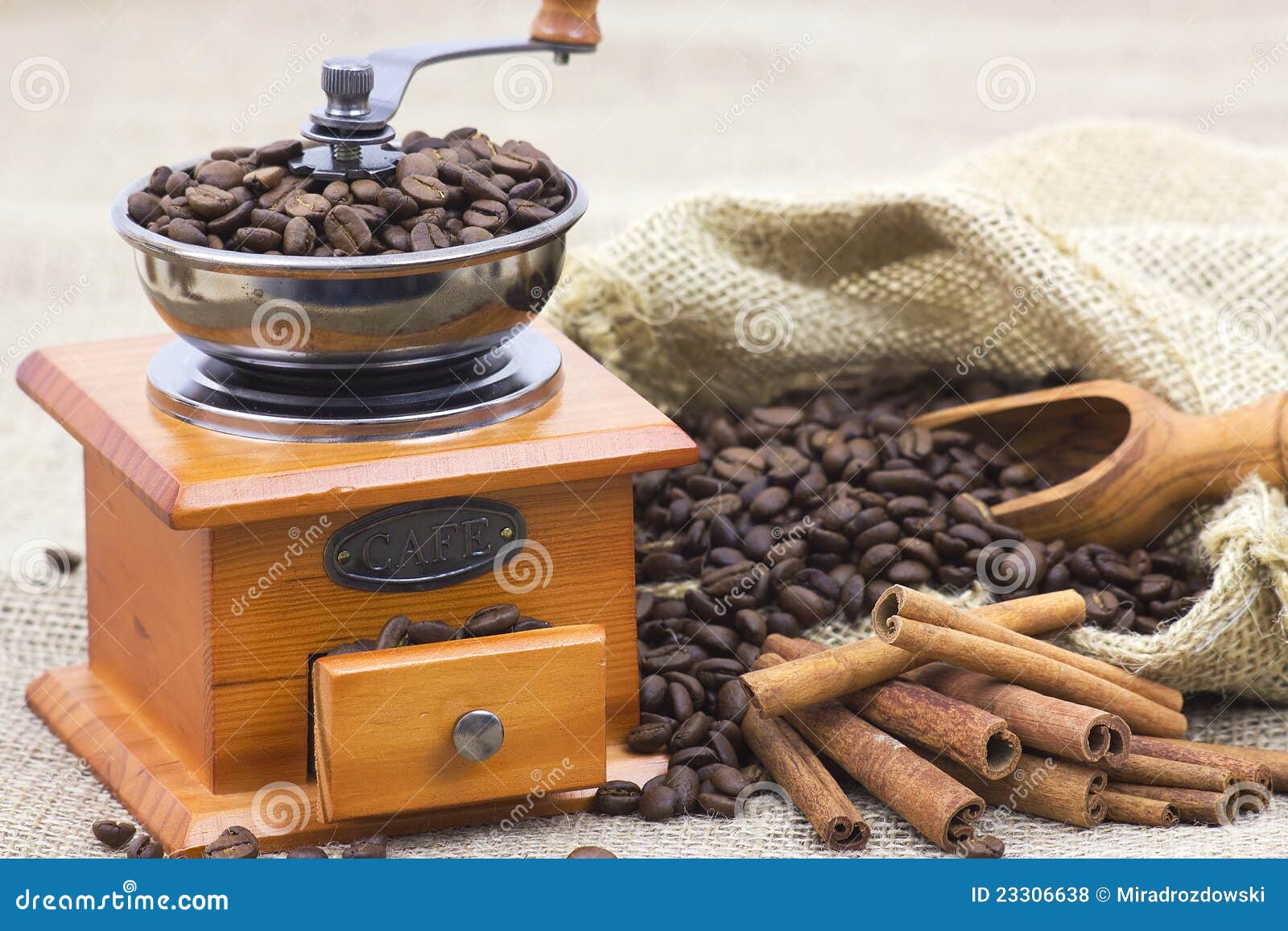 Cinnamon Sticks, Coffee Beans and Coffee Grinder Stock Photo Image of