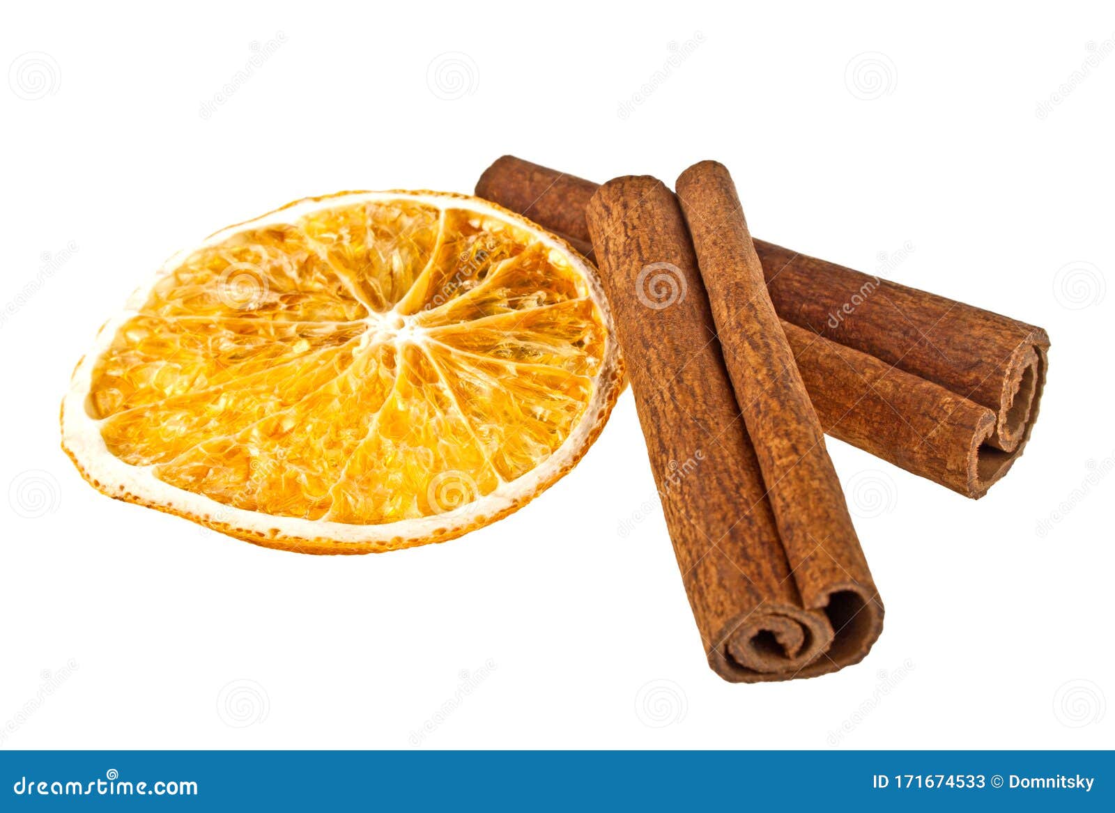 Cinnamon Sticks and Dried Orange Slice on White Background Stock Image