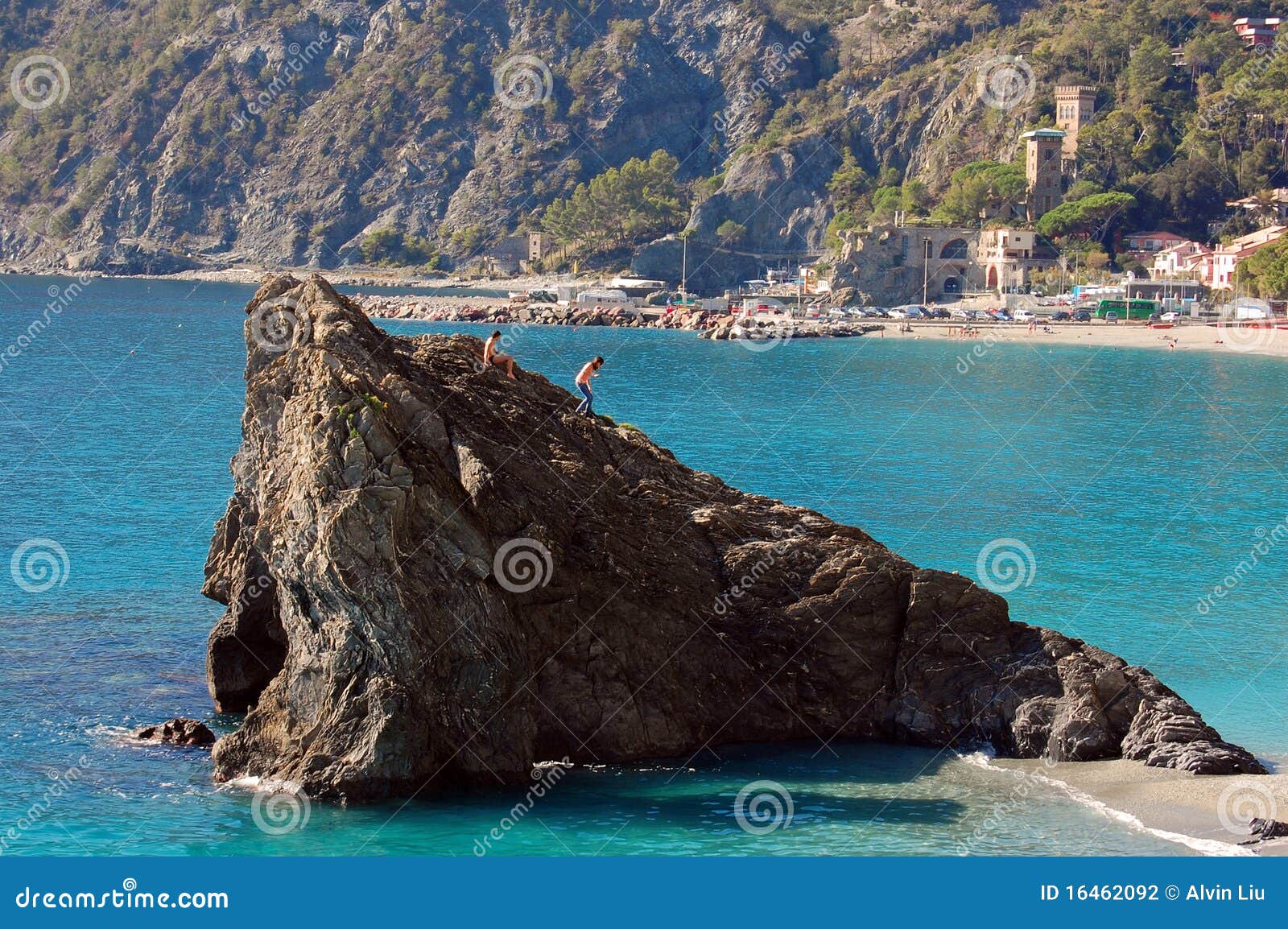 Cinque Terre Climbing Rocks at Monterosso Beach Stock Photo Image