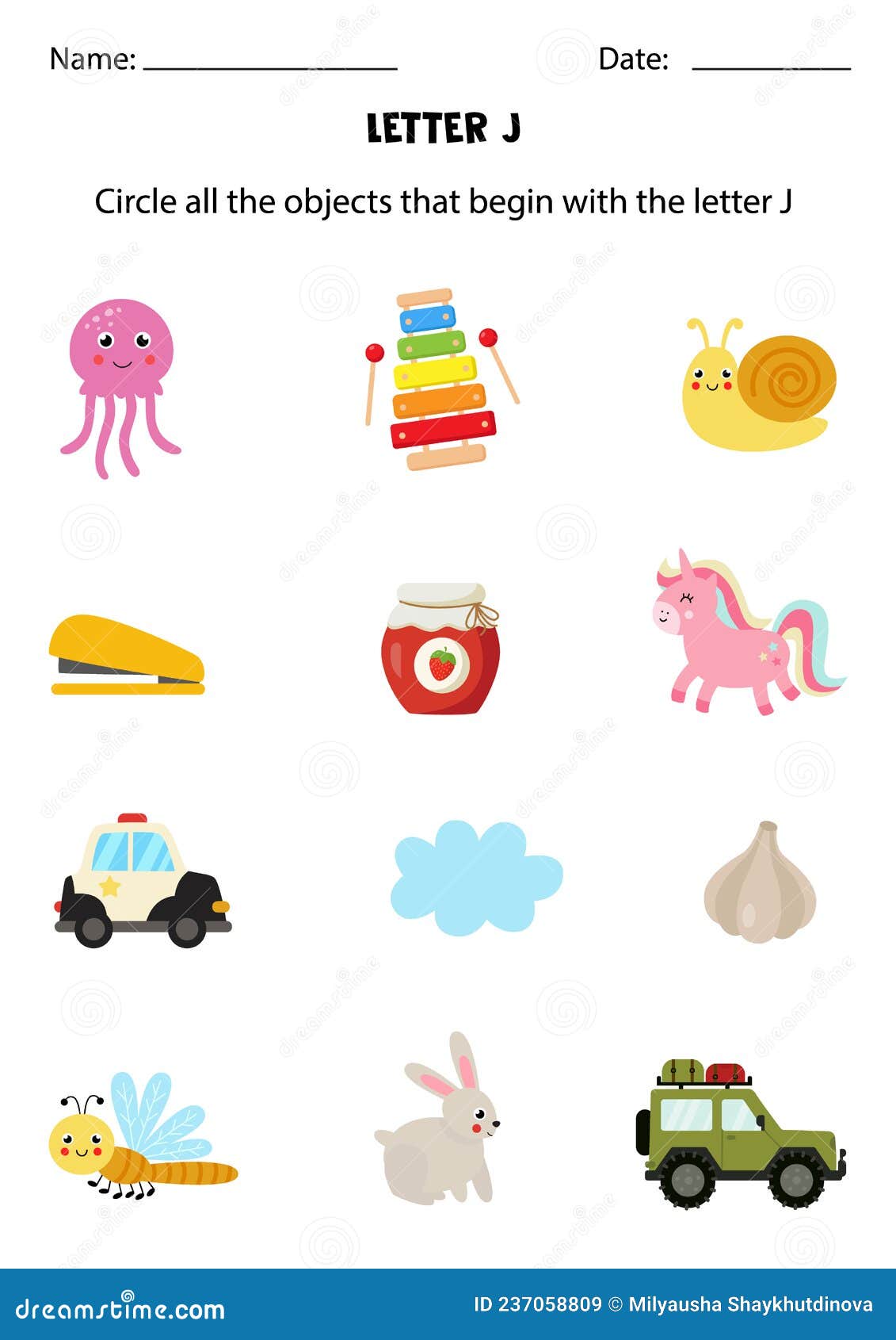 Letter Recognition for Kids. Circle All Objects that Start with J. Stock  Vector - Illustration of dragonfly, unicorn: 237058809
