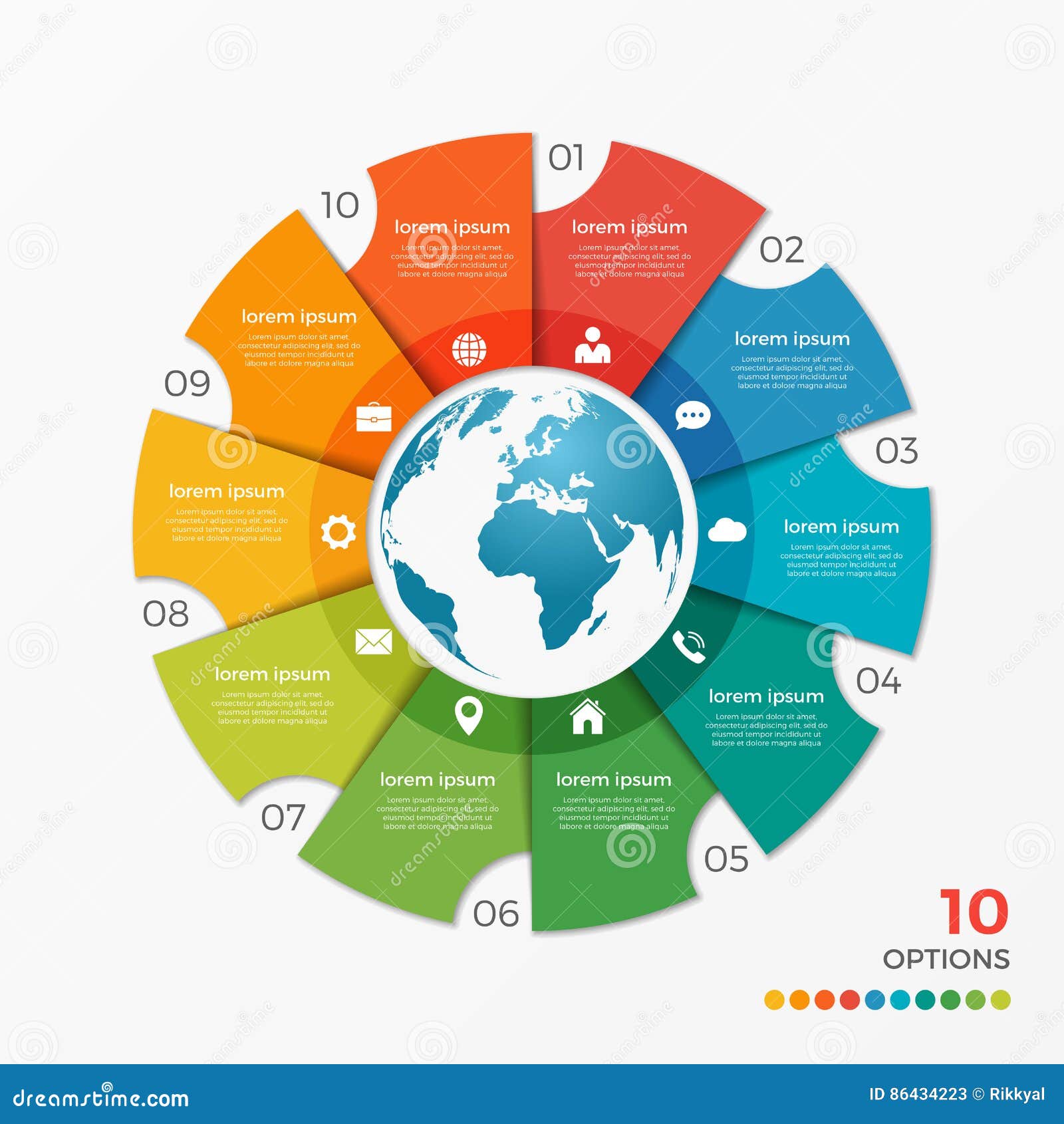 Circle Chart Infographic Template with Globe 10 Options Stock Vector