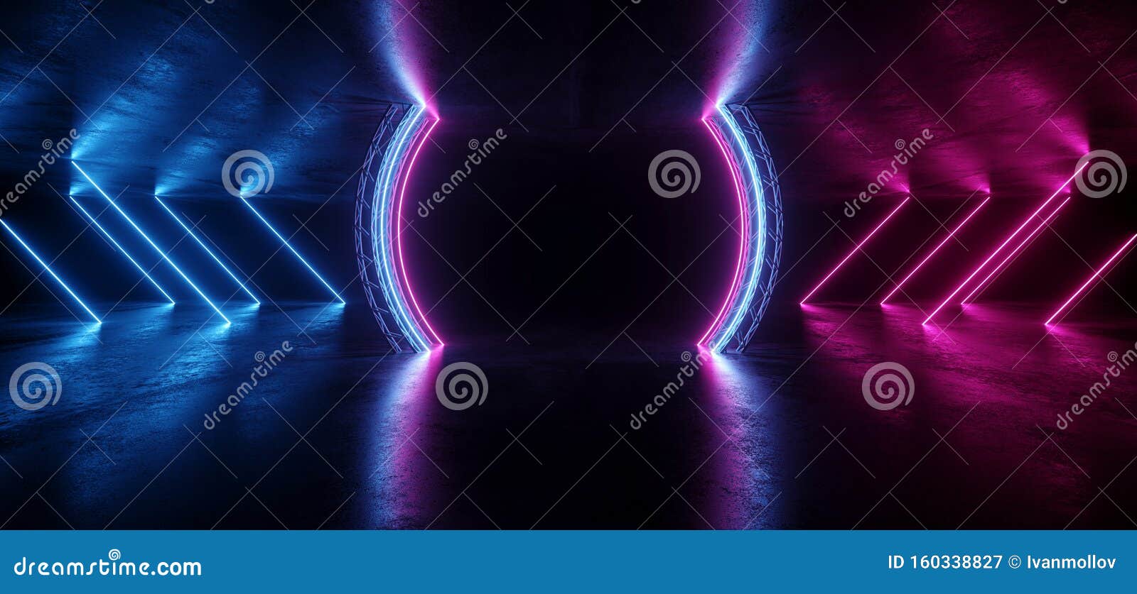 circle construction gate sci fi futuristic neon glowing purple blue laser lines reflective concrete grunge dark night show stage