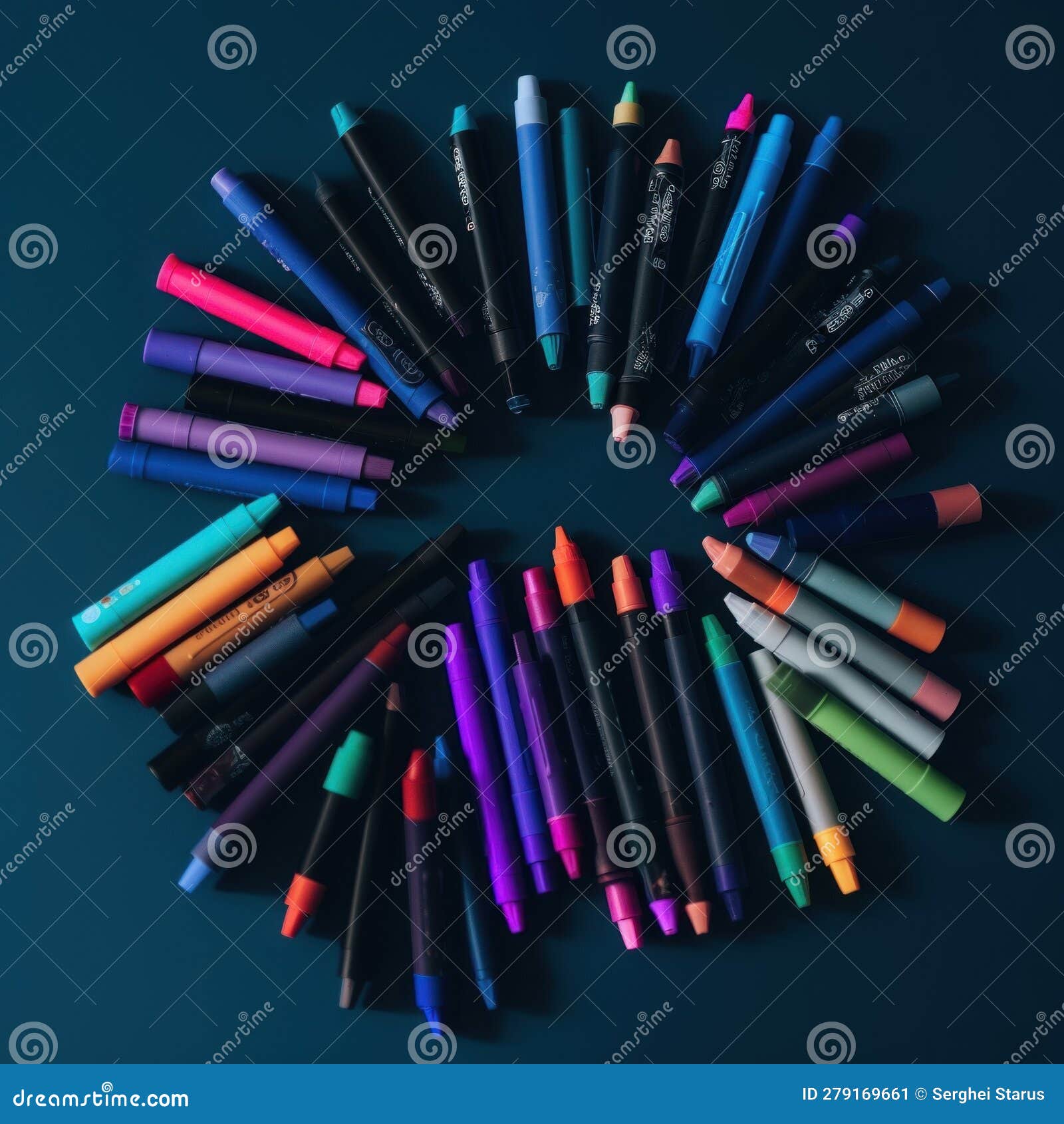 A Circle of Different Colored Crayons Arranged in a Circle. AI