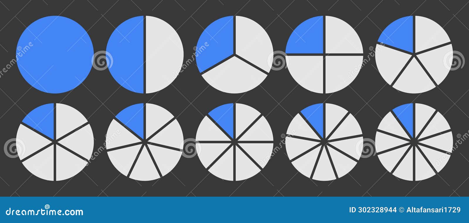Circle Divided into 1-10 Parts in Blue Colour Stock Vector