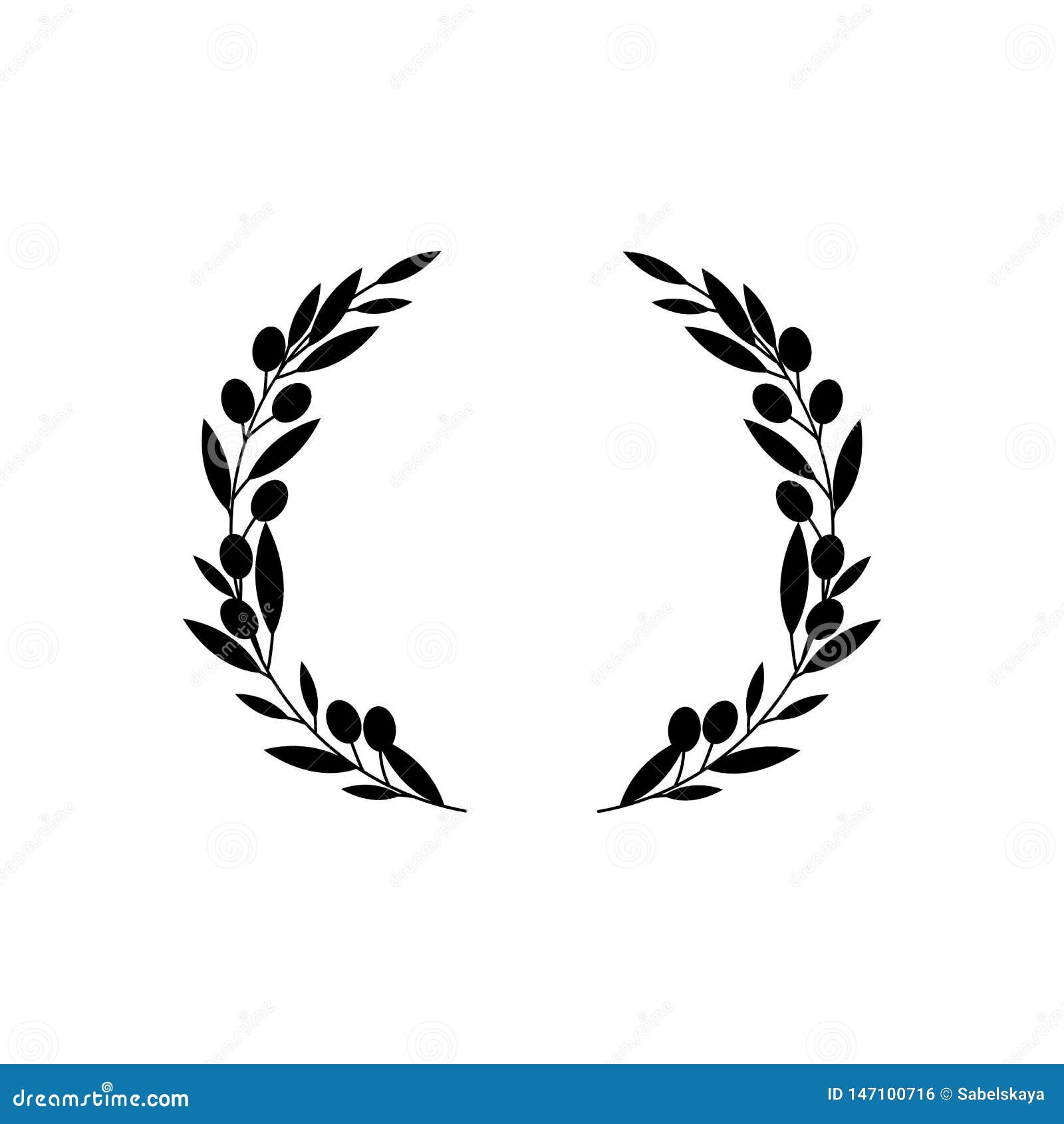 Circle Frame from Black Silhouette of Two Olive Tree Branches in Flat