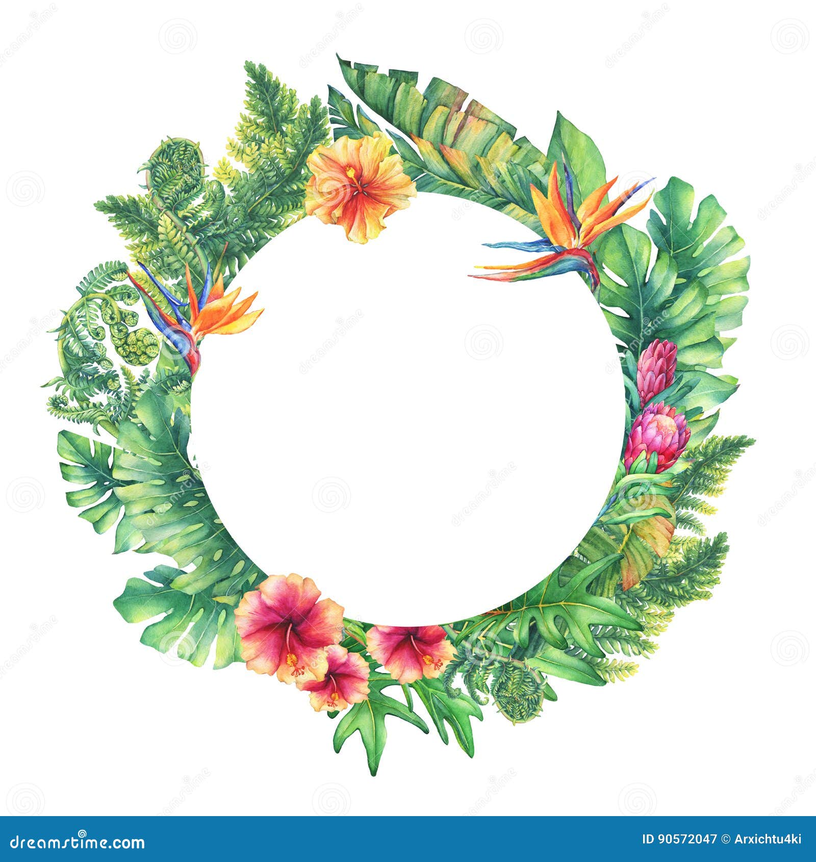 Circle Frame with Branches Purple Protea Flowers, Hibiscus and Tropical ...