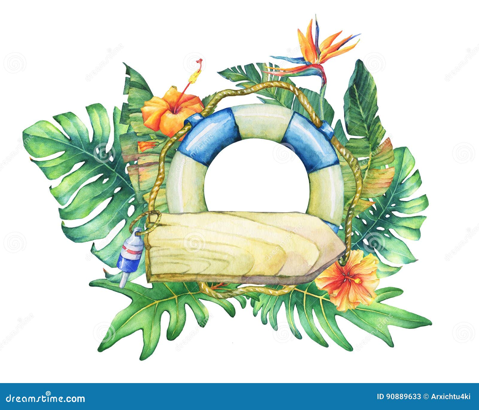 circle frame with lifebuoy, nameplate, flowers and tropical plants.