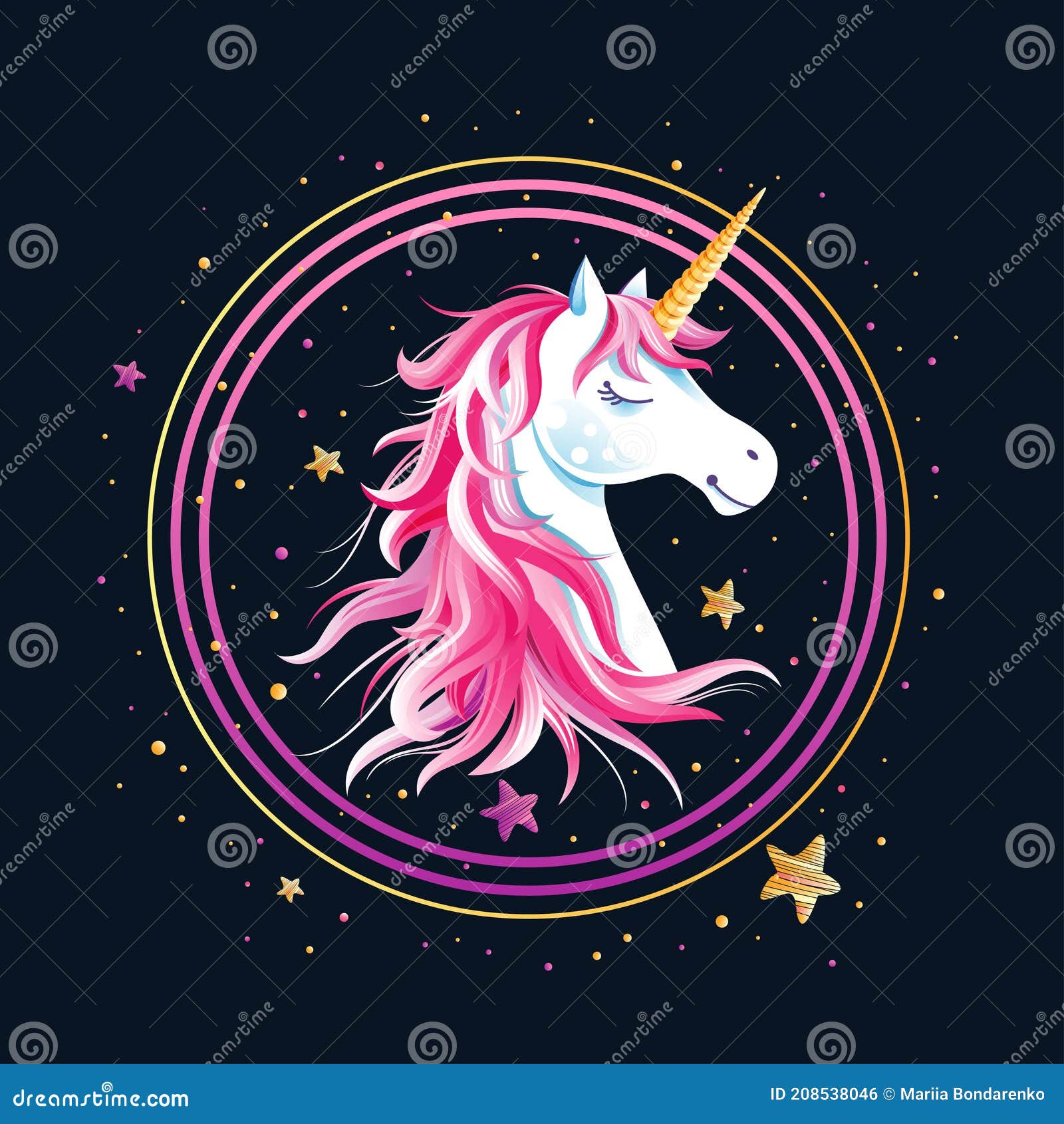 Circle Frame with Unicorn Head and Stars on Black Background Stock ...