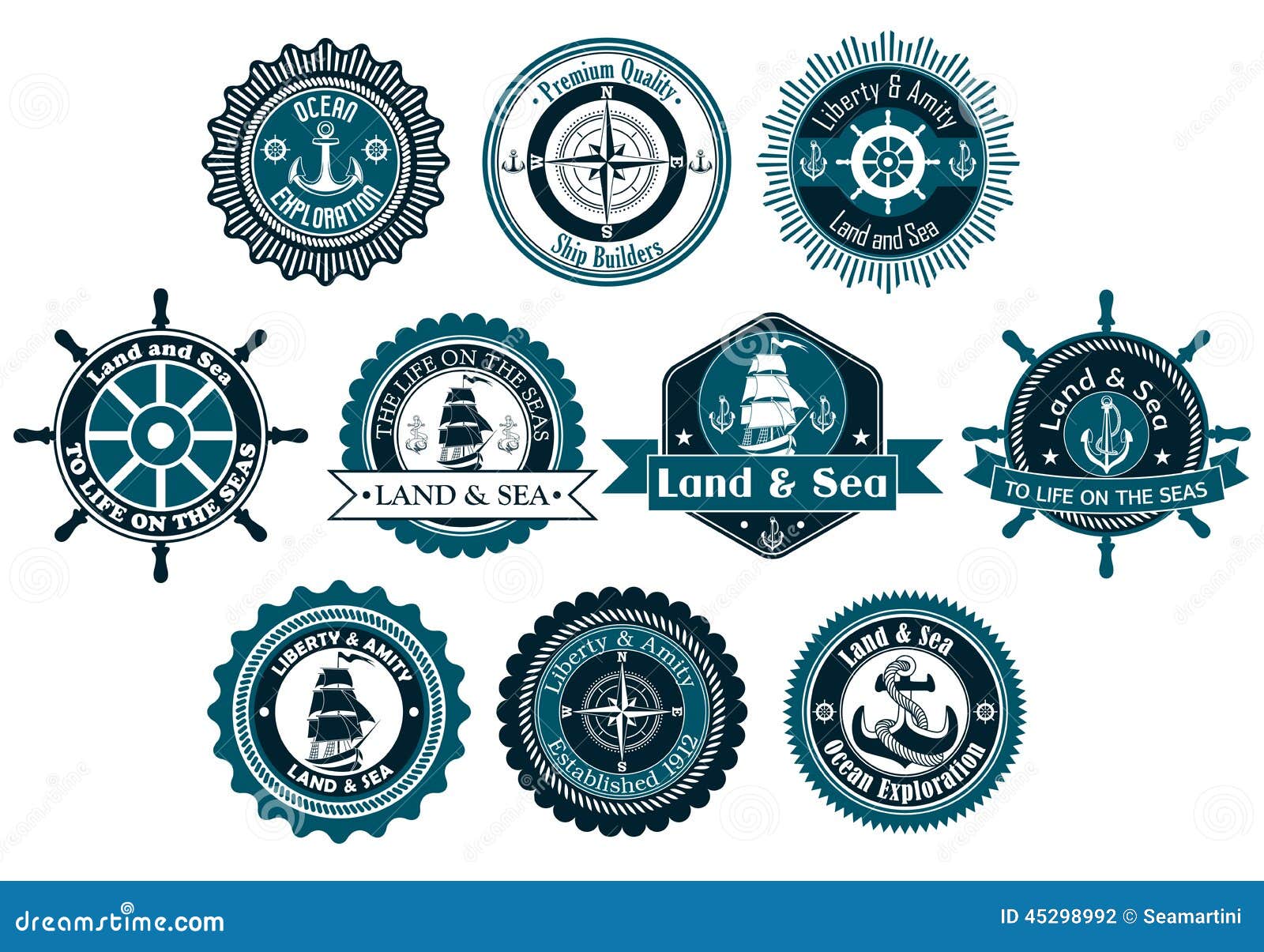  anchors, compass, sailboat and ropes for nautical and logo design