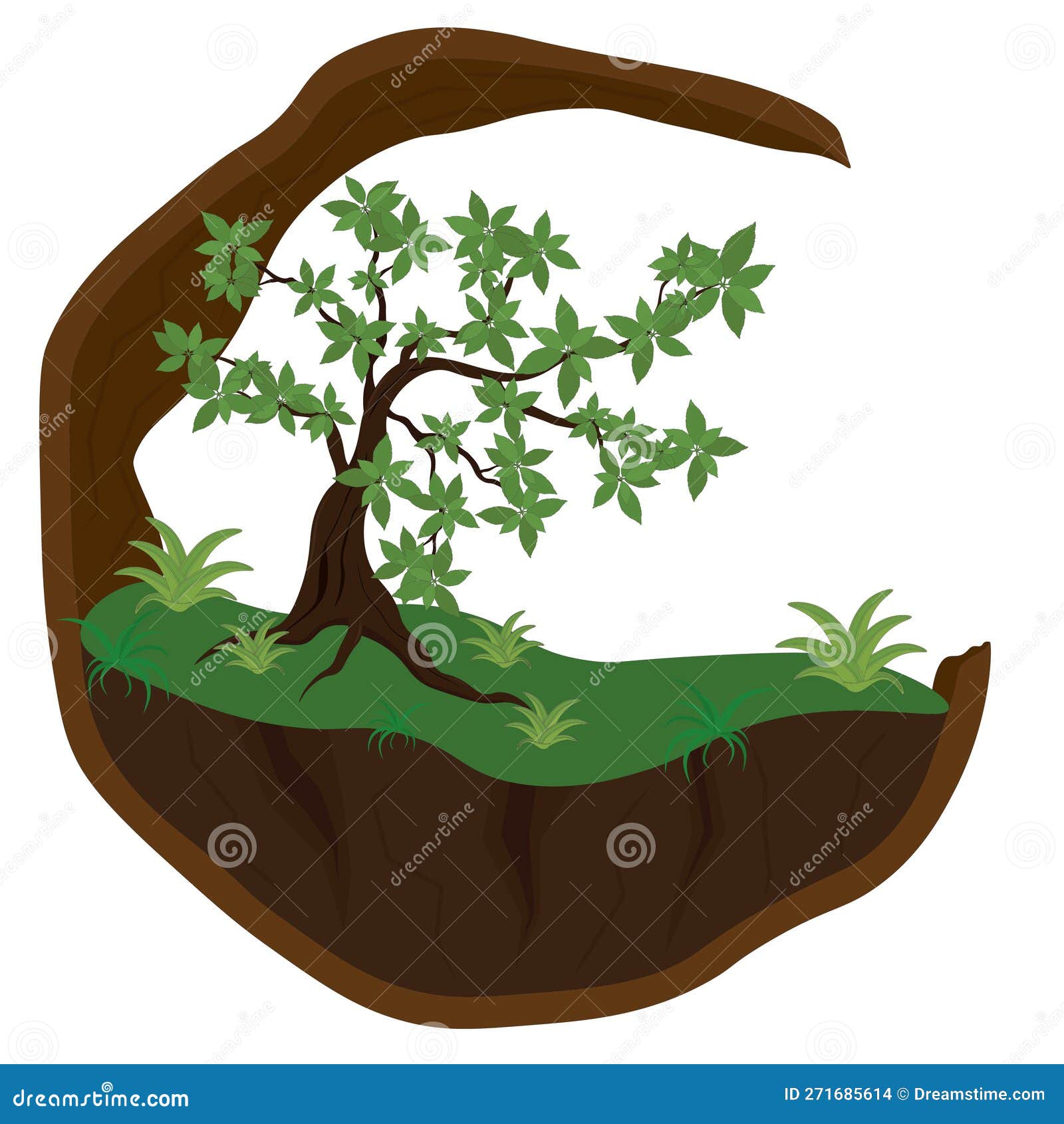 Circle Rock Base with Crooked Bonsai Tree Vector Illustration Stock