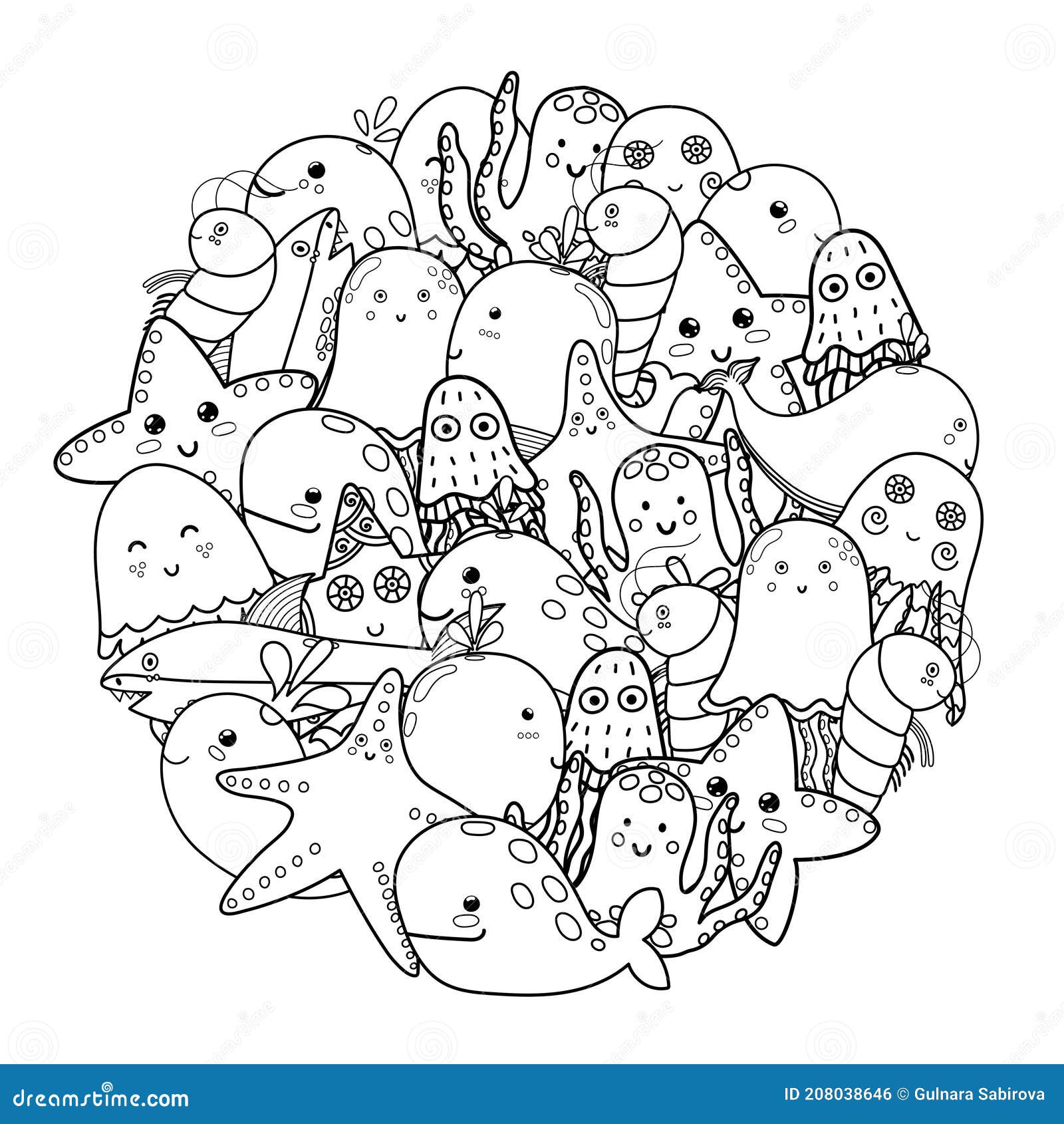 Circle Shape Coloring Page with Sea Animals. Black and White Print for  Coloring Book Stock Vector - Illustration of coloring, animals: 208038646