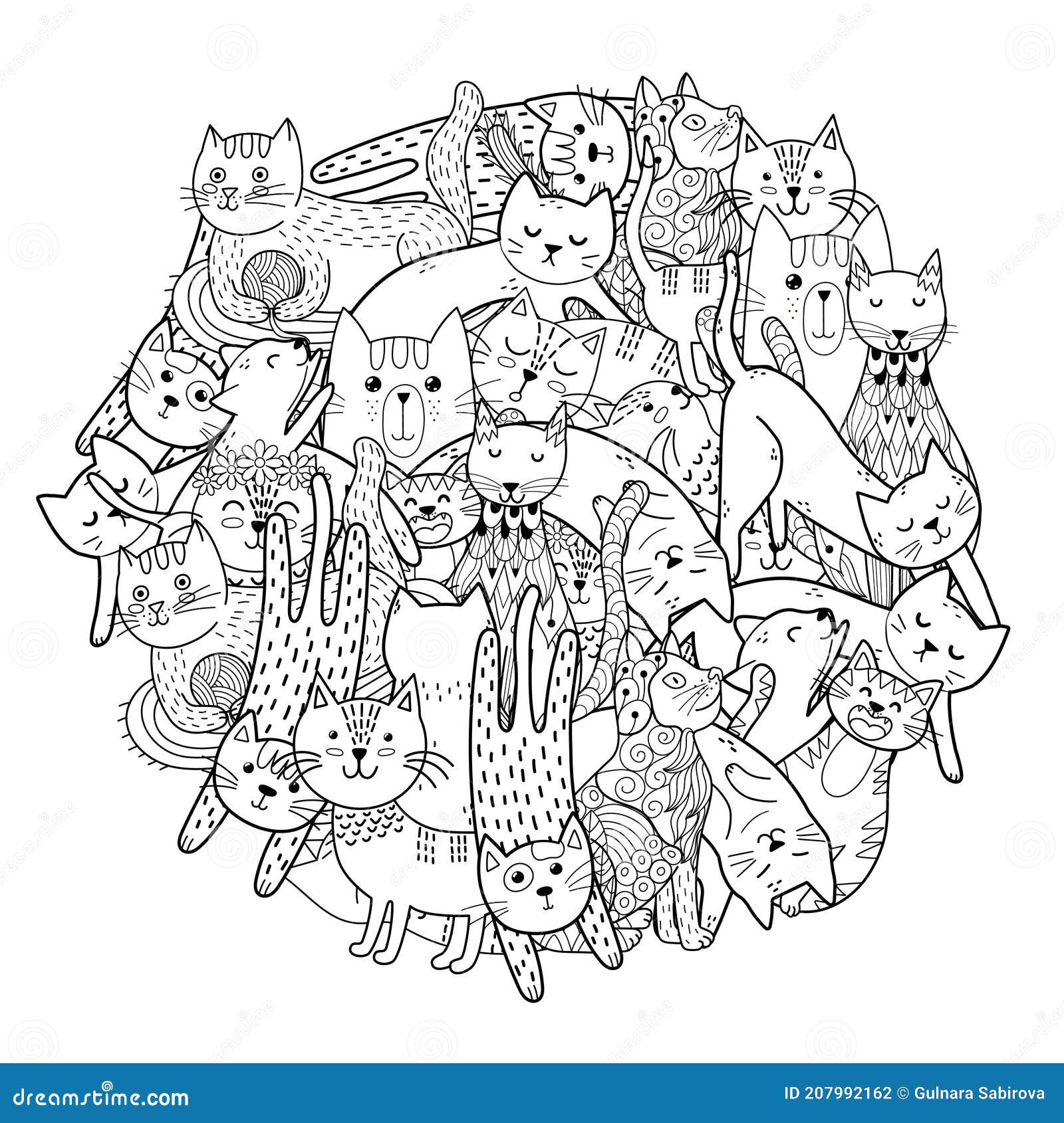 circle  print with funny cats. coloring page with feline characters