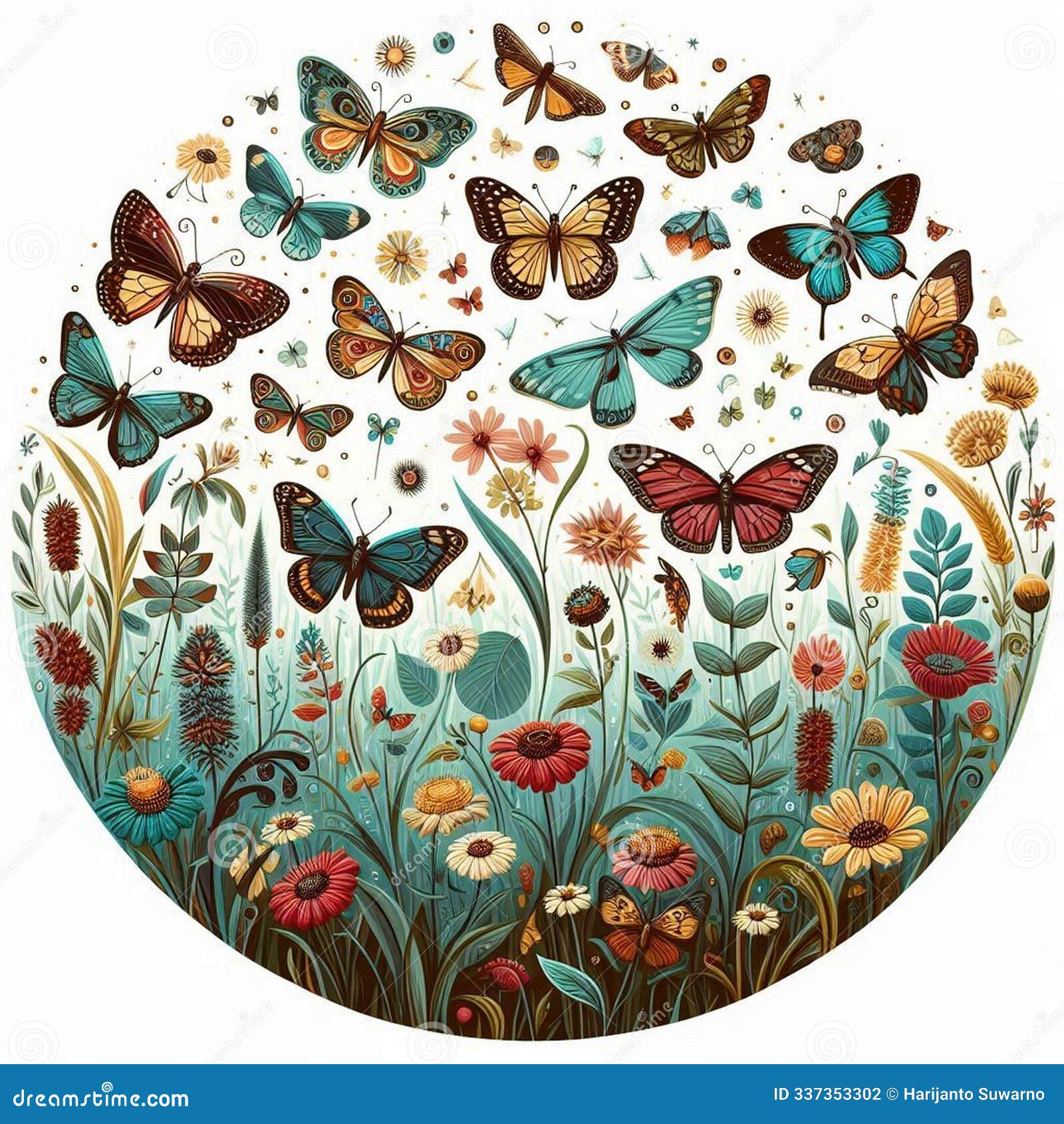 circle of various butterfly over the meadow
