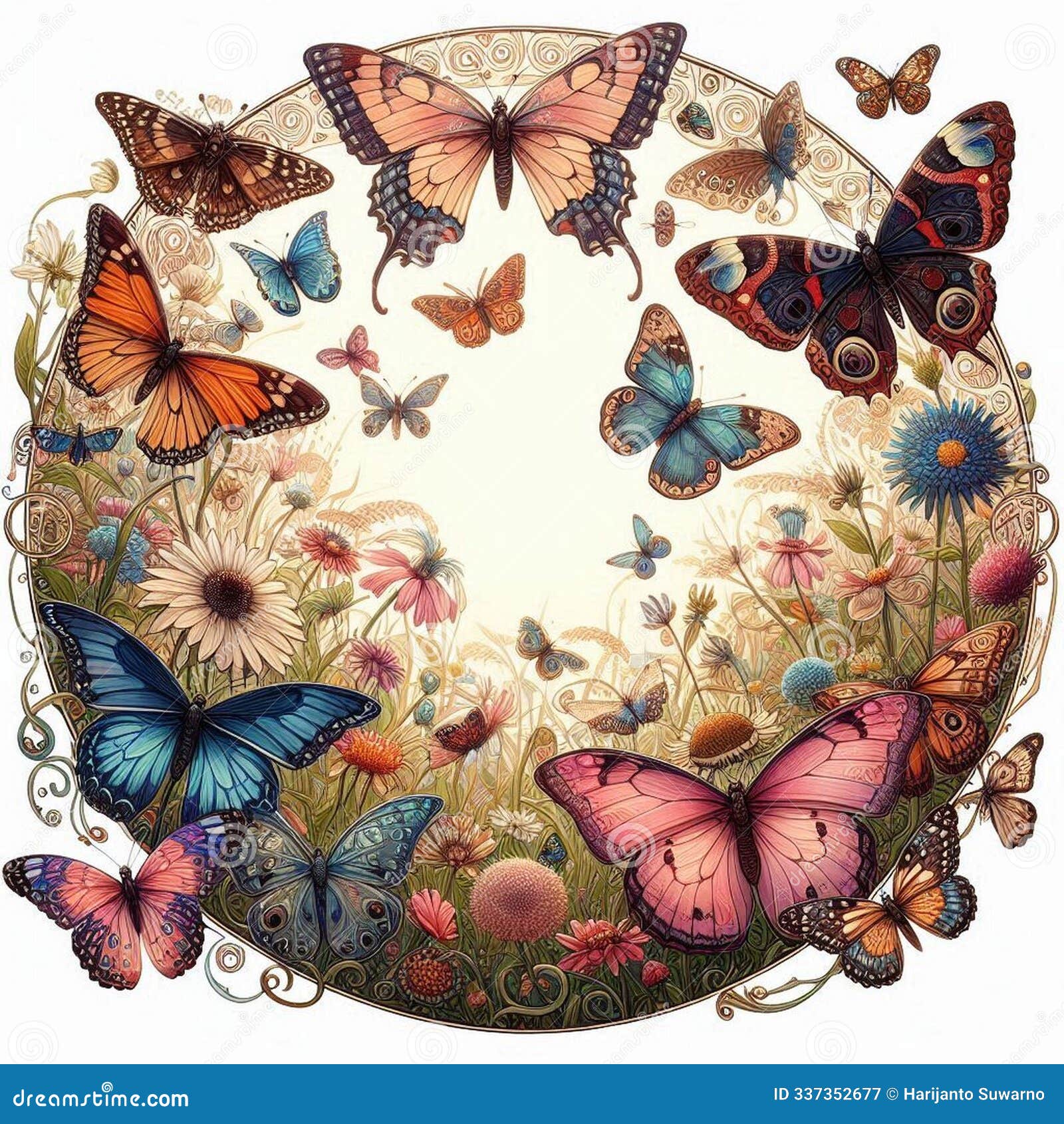 circle of various butterfly over the meadow