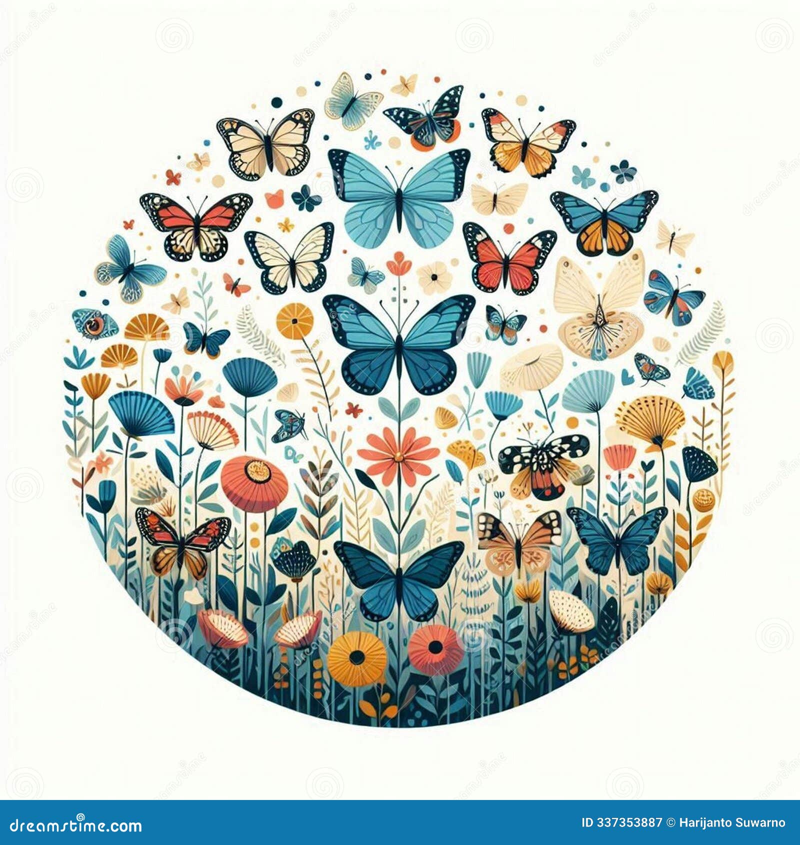 circle of various butterfly over the meadow