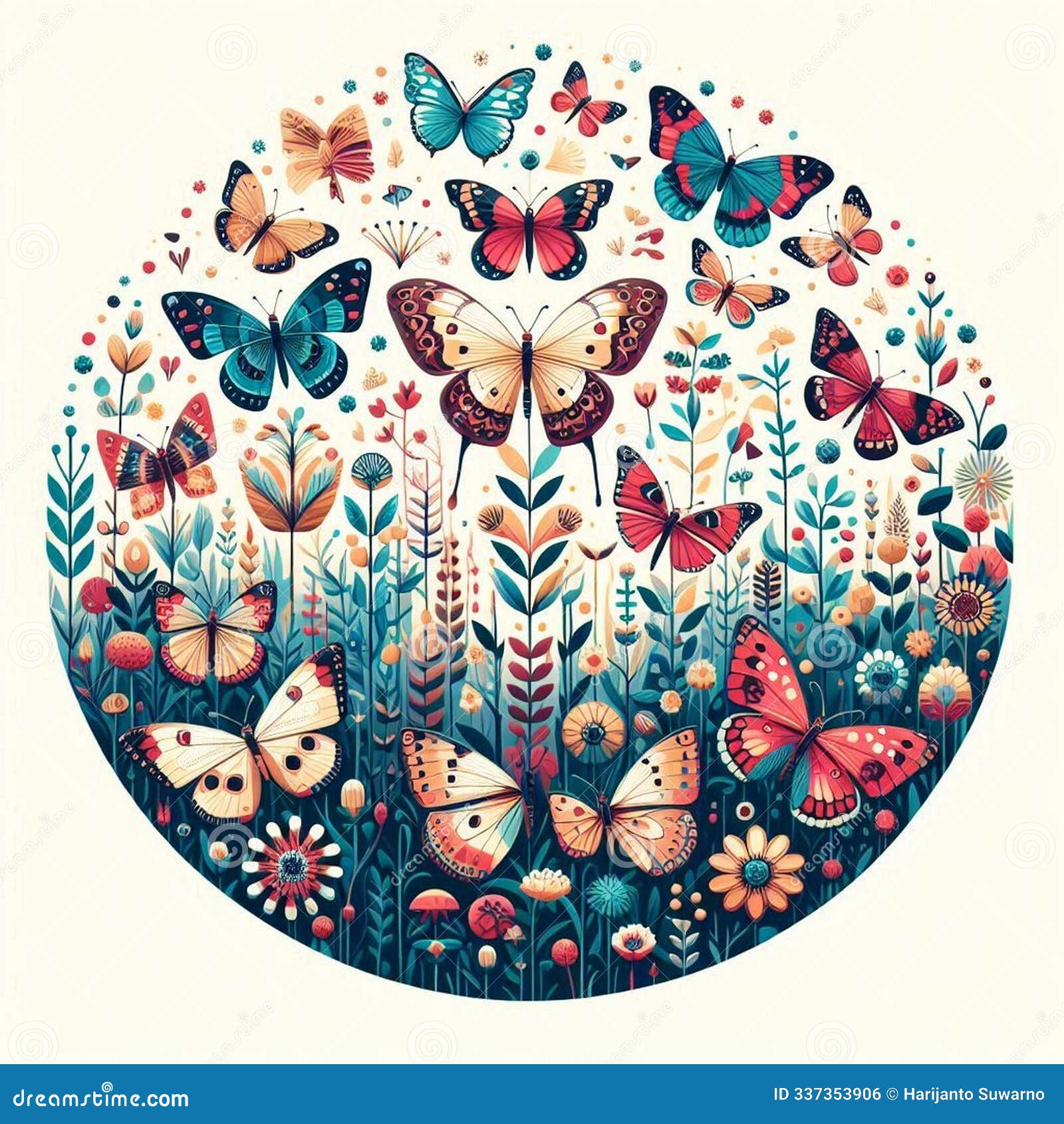 circle of various butterfly over the meadow