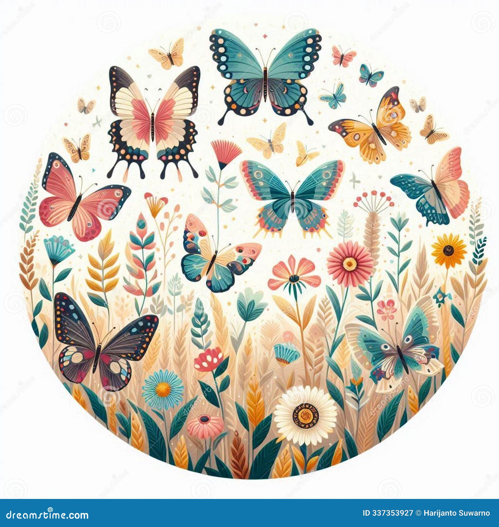 circle of various butterfly over the meadow