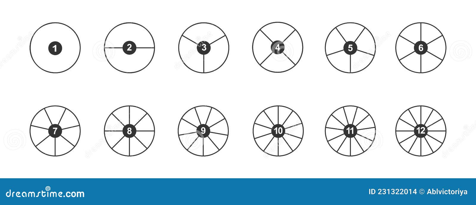 circles divided in segments with numbers from 1 to 12. outline round s cut in equal slices. simple graphic pie or