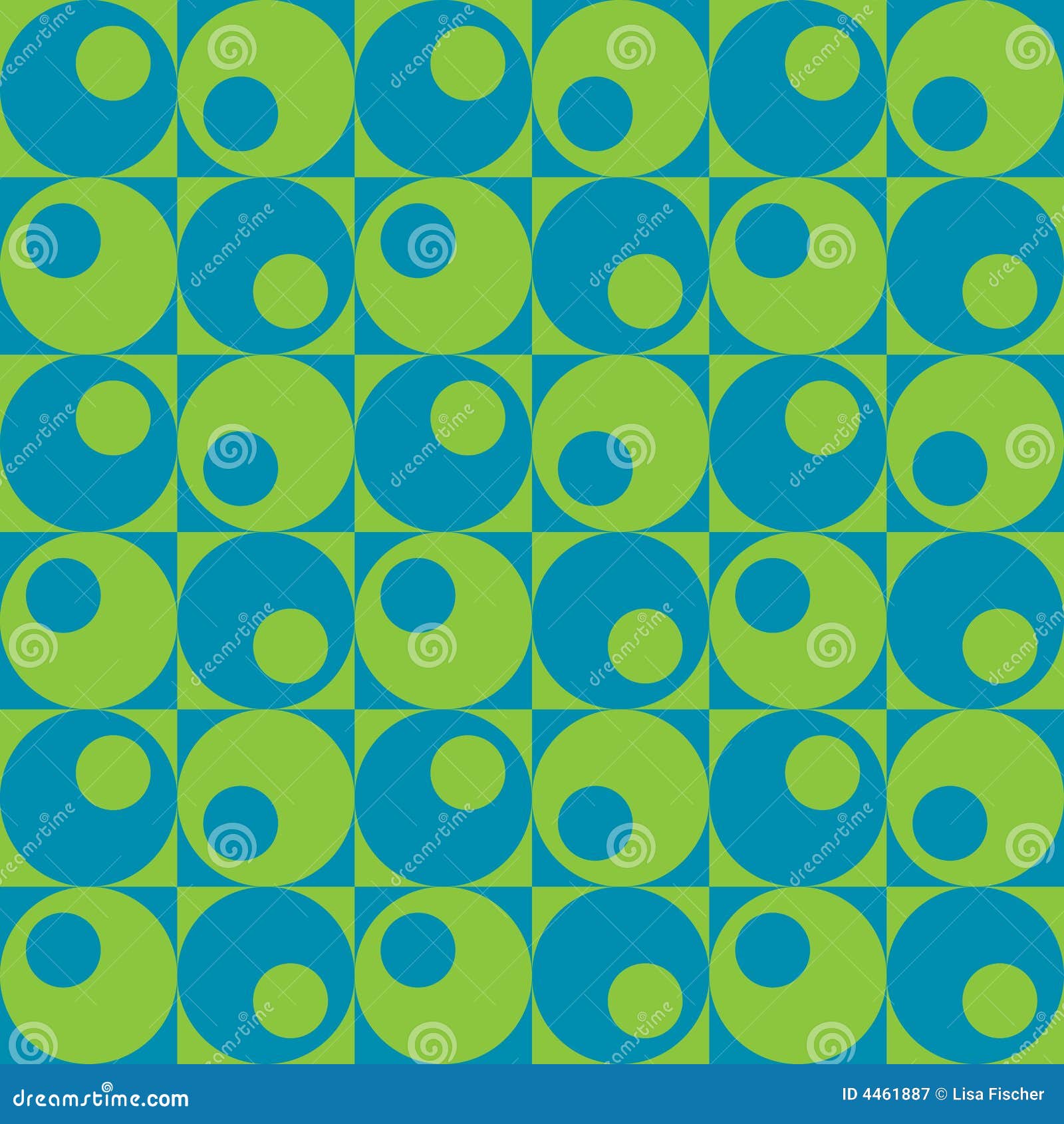 Circles In Squares_Blue-Green. A repeat pattern of circles and squares in blue and green.
