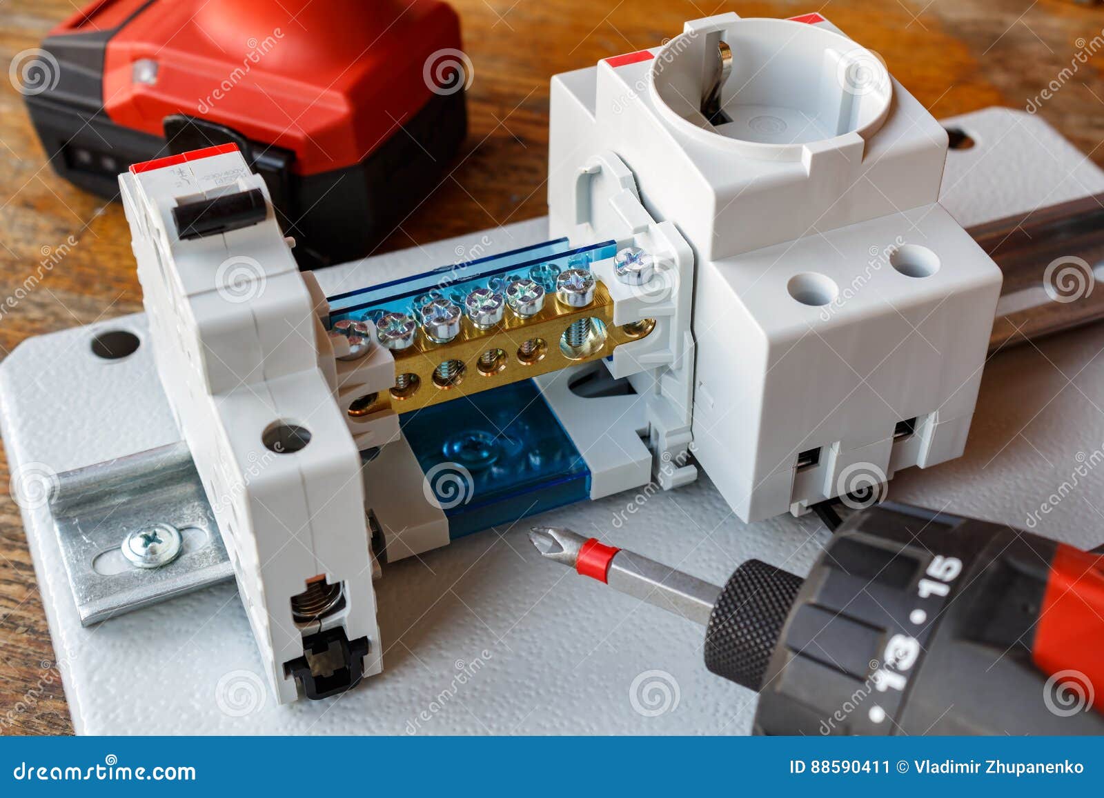 Circuit Breaker With Wire Terminal Block And Electric Socket On The DIN