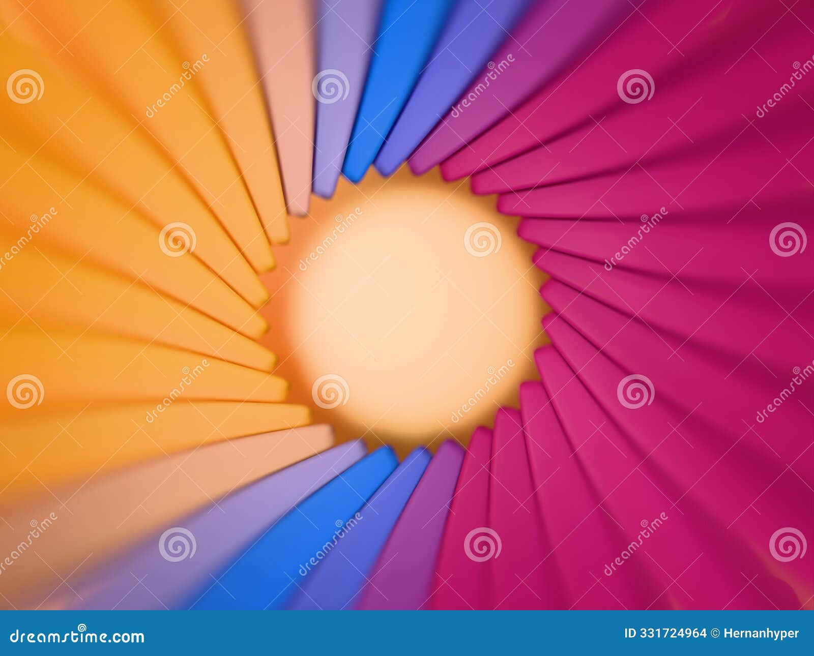 circular array of colorful geometric s. color gradient, orange, blue, mauve. digital 3d rendering