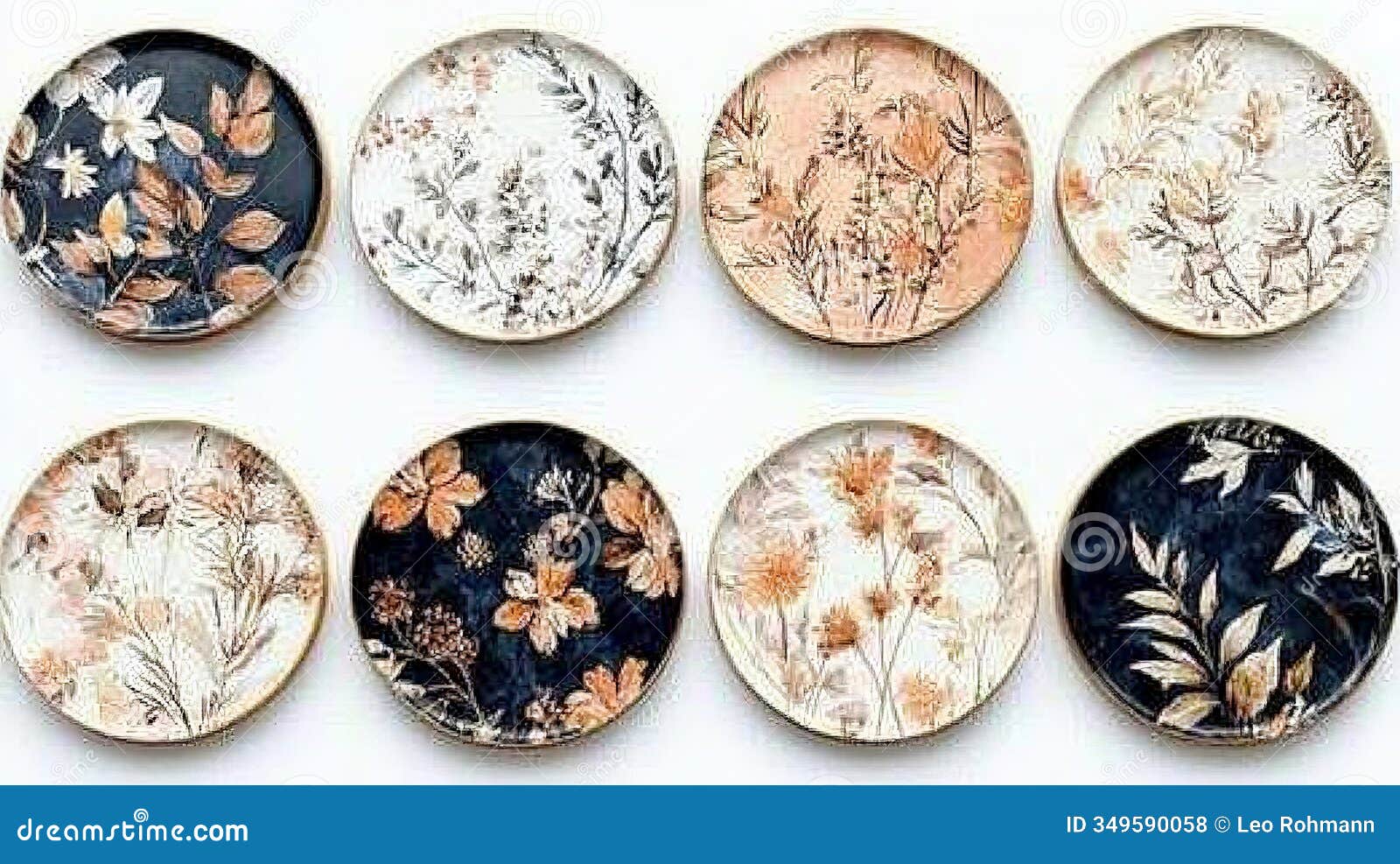 circular artistic plates with intricate floral and leaf patterns in neutral and pastel shades, emphasizing elegance and handcra