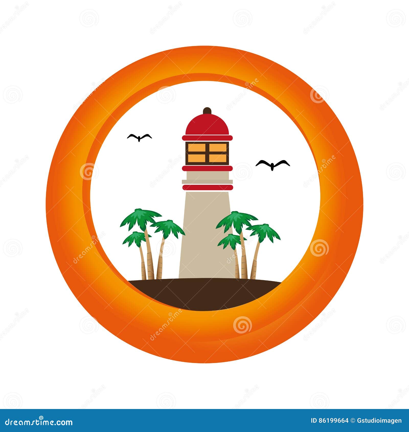 Circular Border with Colorful Island with Lighthouse Stock Vector