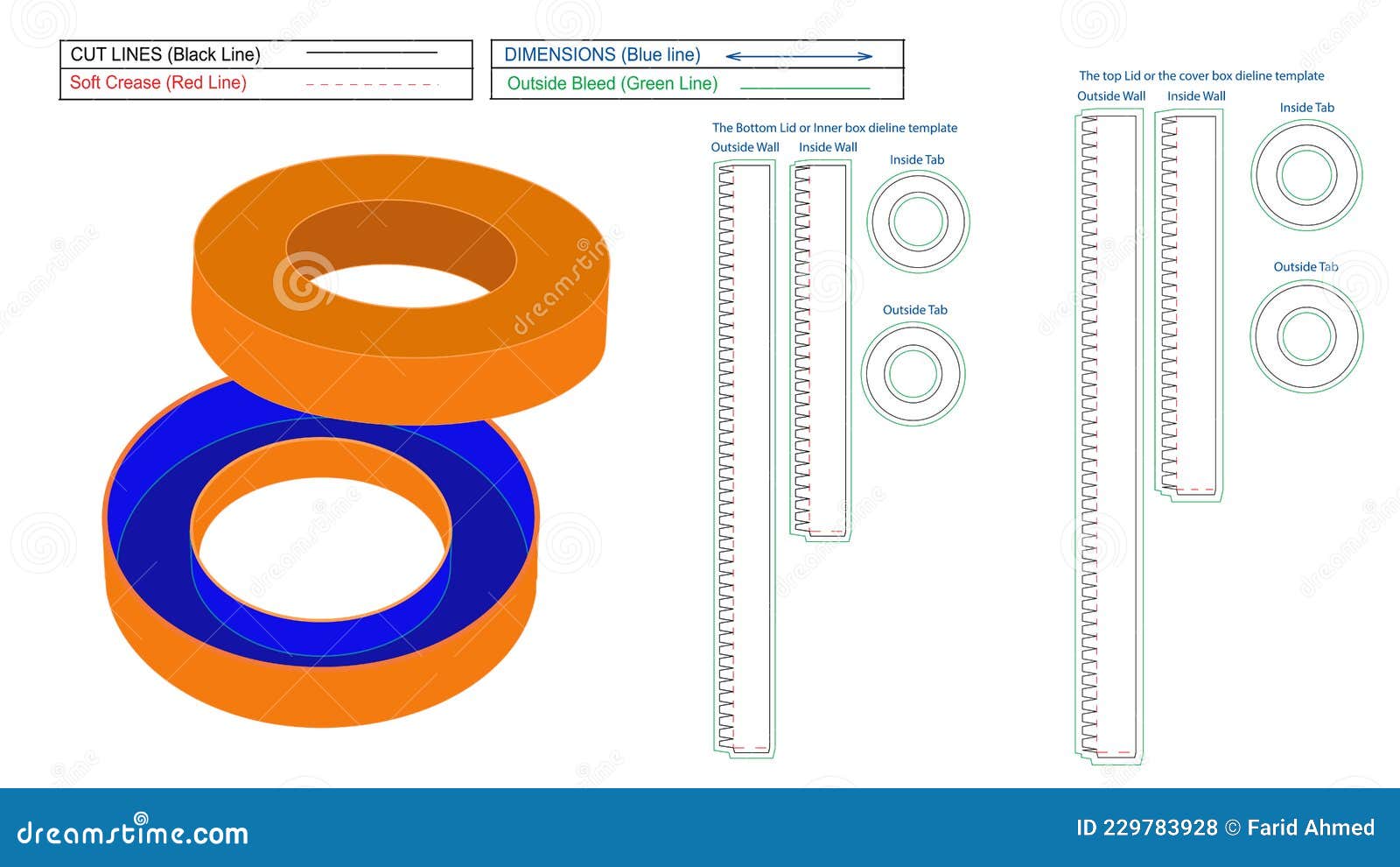 circular box dieline template and 3d box